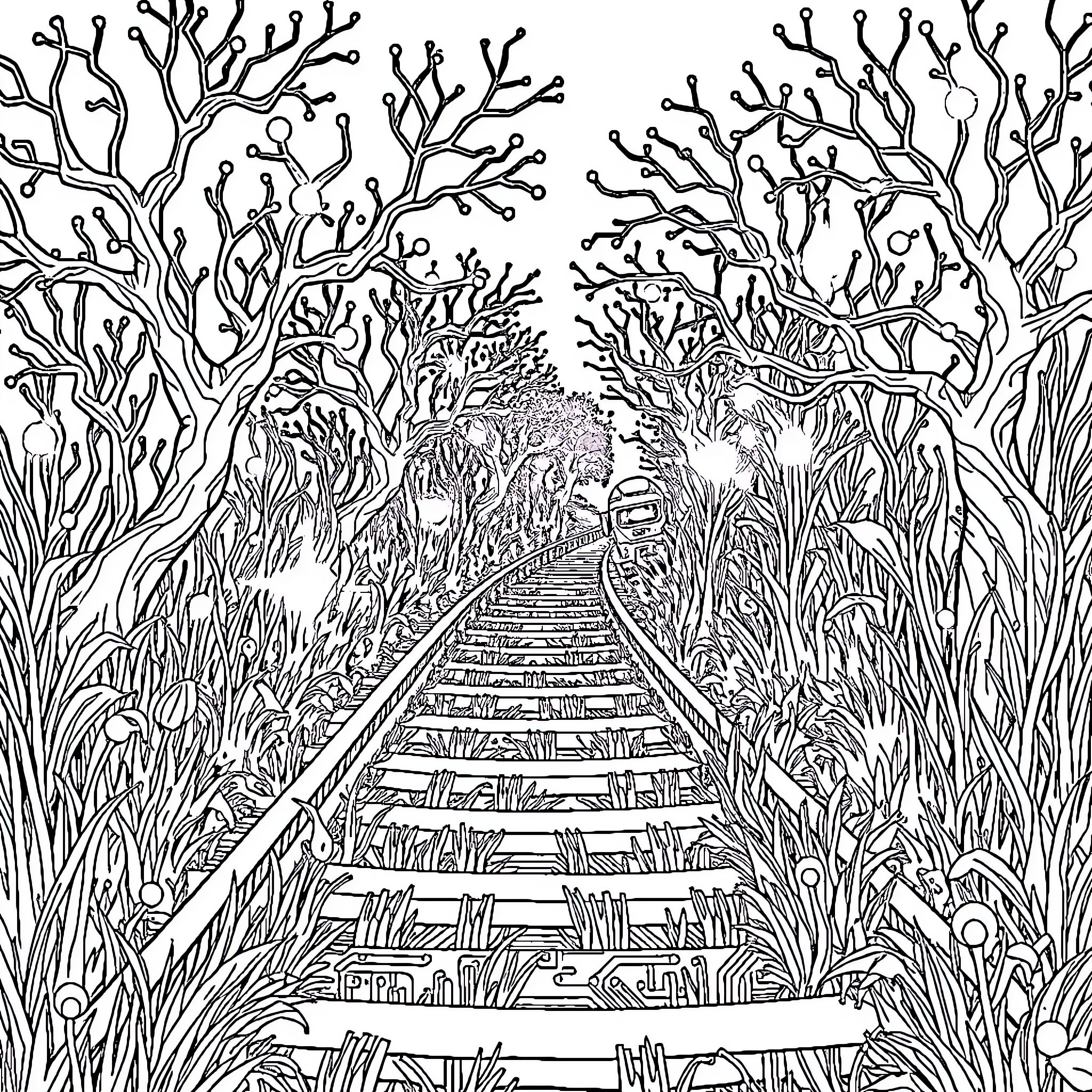 Train Travels Through Overgrown Forest Landscape Coloring Page (free black-and-white line drawing printable PDF for all, from beginners to advanced learners, including children, teens, adults, and seniors)