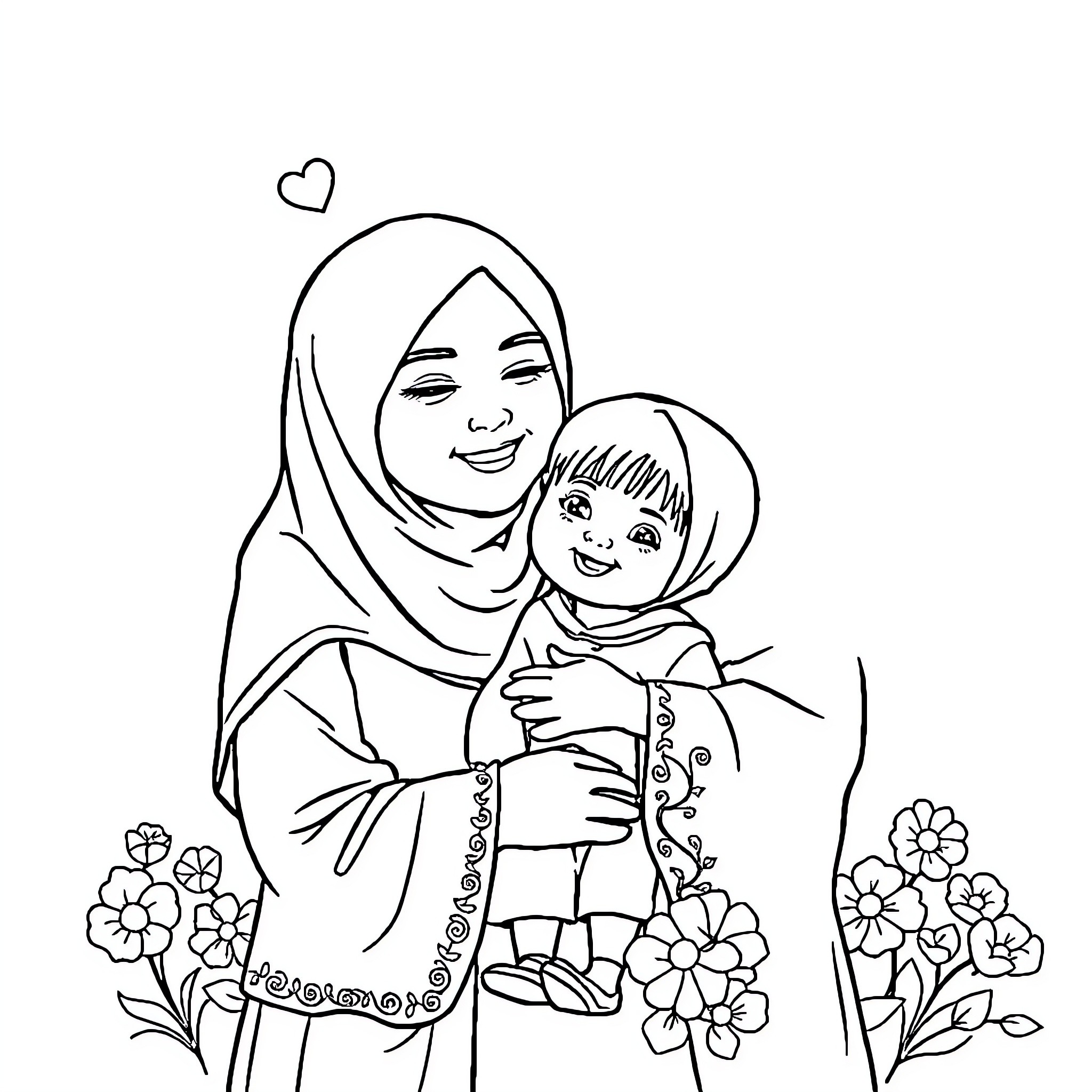 Mother and child sharing a tender moment Coloring Page (free black-and-white line drawing printable PDF for all, from beginners to advanced learners, including children, teens, adults, and seniors)