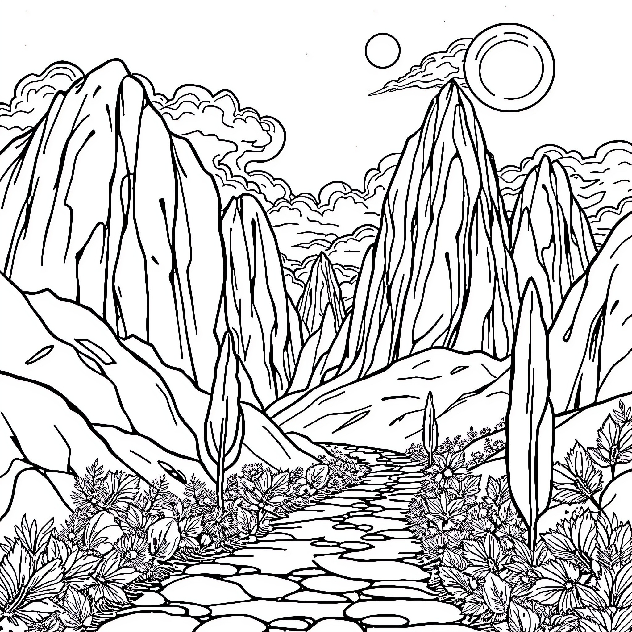 Maze of Majestic Mountains and Serene Pathway Coloring Page (free black-and-white line drawing printable PDF for all, from beginners to advanced learners, including children, teens, adults, and seniors)