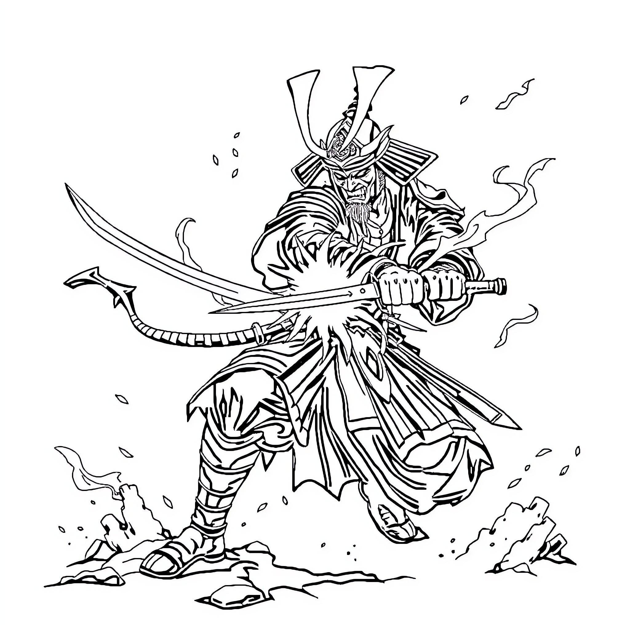 Samurai Warrior in Fierce Combat Coloring Page (free black-and-white line drawing printable PDF for all, from beginners to advanced learners, including children, teens, adults, and seniors)