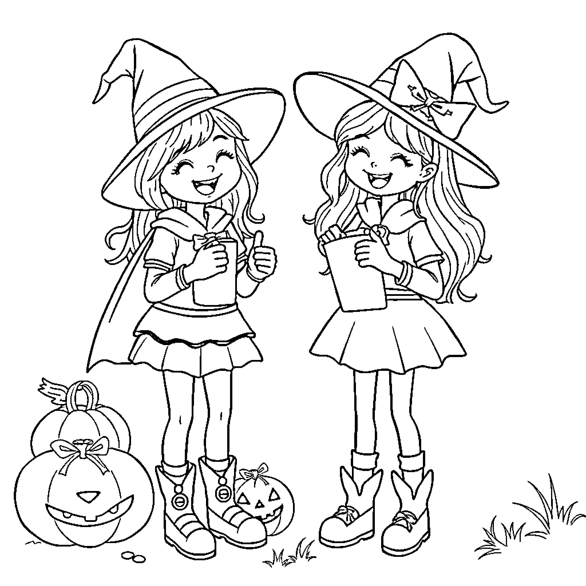 Girls in Halloween witch costumes Coloring Page (free black-and-white line drawing printable PDF for all, from beginners to advanced learners, including children, teens, adults, and seniors)