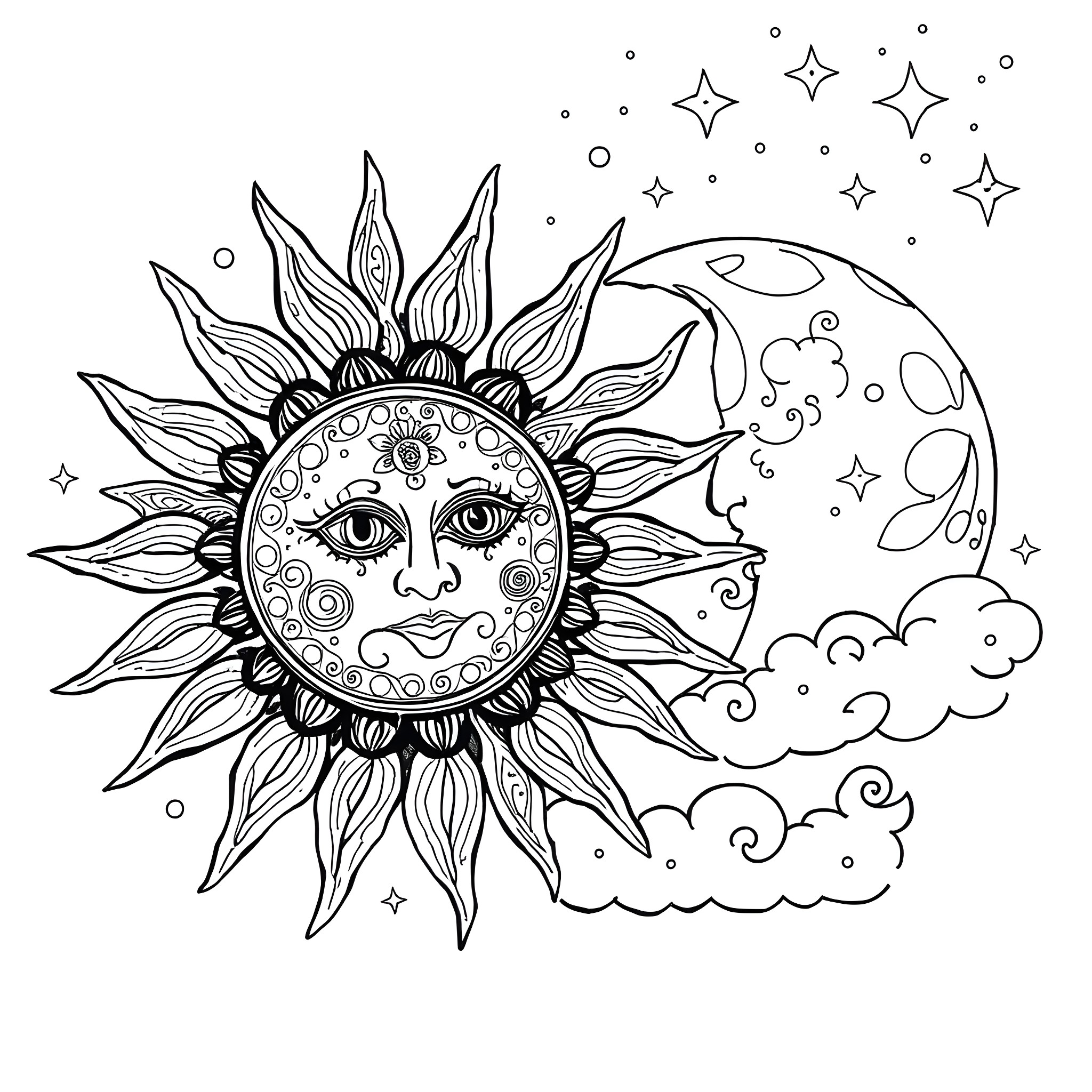 Sun and Moon interacting with mystical celestial elements Coloring Page (free black-and-white line drawing printable PDF for all, from beginners to advanced learners, including children, teens, adults, and seniors)