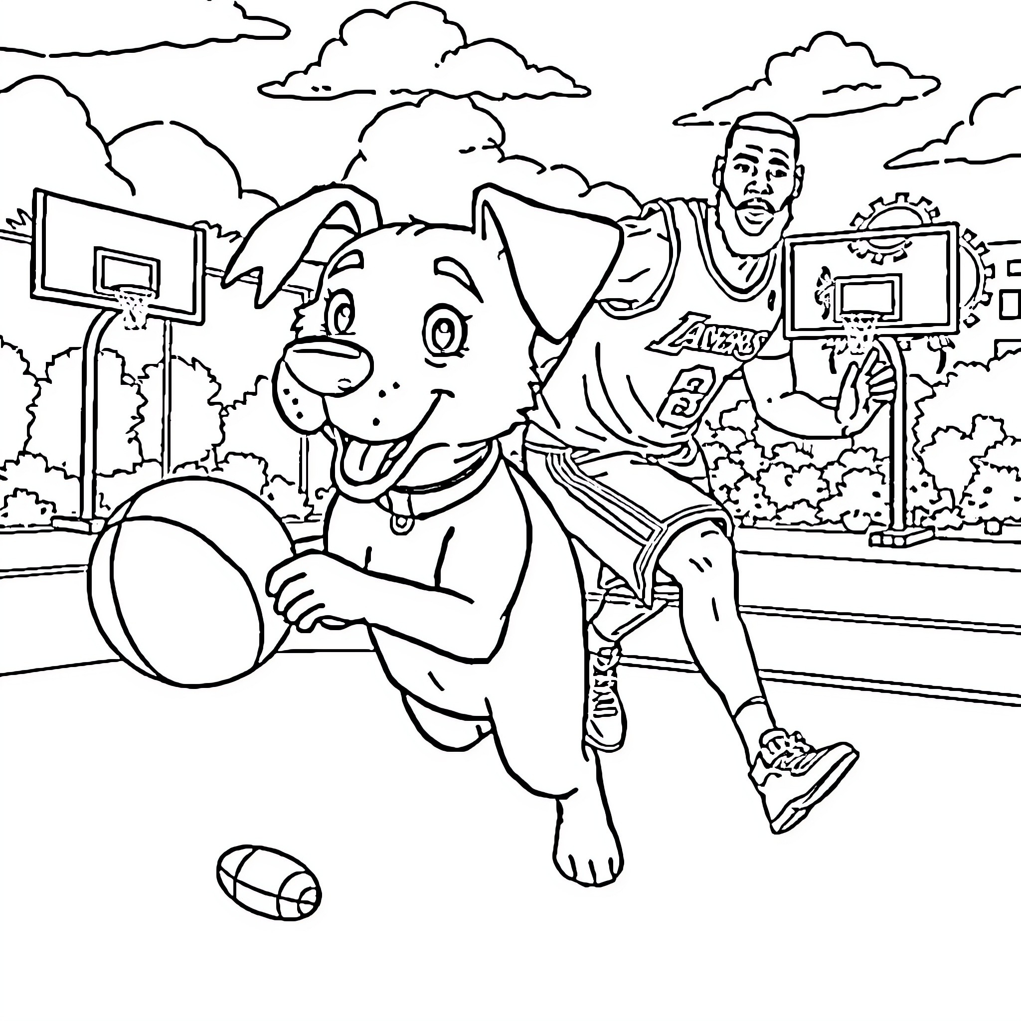 Dog playing basketball with friendly human on court Coloring Page (free black-and-white line drawing printable PDF for all, from beginners to advanced learners, including children, teens, adults, and seniors)
