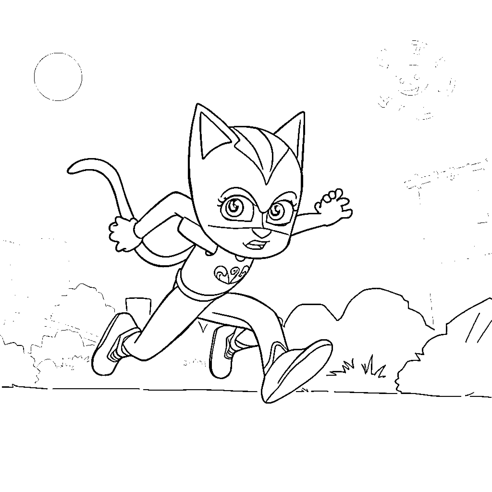 Catboy sprinting through the landscape Coloring Page (free black-and-white line drawing printable PDF for all, from beginners to advanced learners, including children, teens, adults, and seniors)
