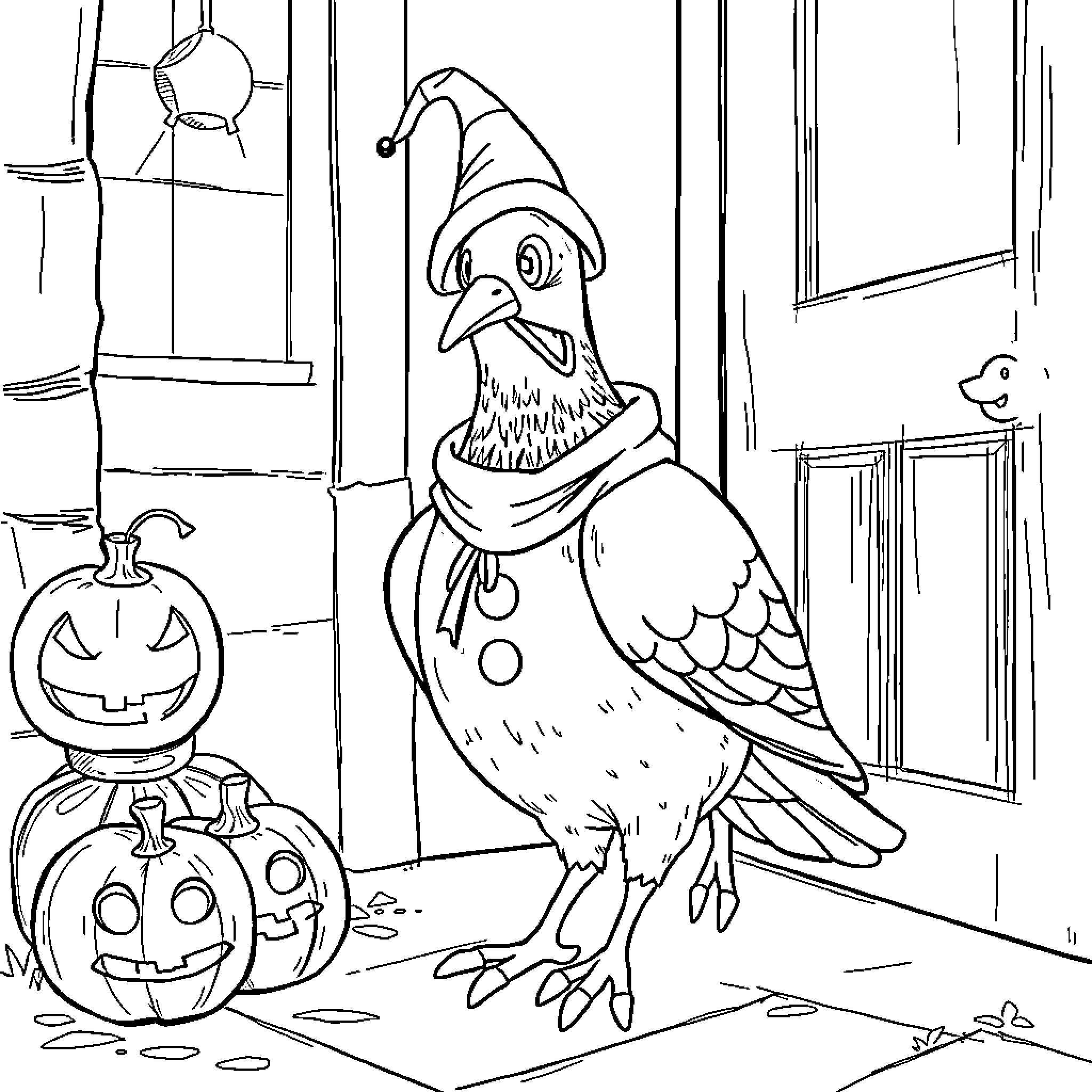Pigeon in festive attire near jack-o'-lanterns Coloring Page (free black-and-white line drawing printable PDF for all, from beginners to advanced learners, including children, teens, adults, and seniors)