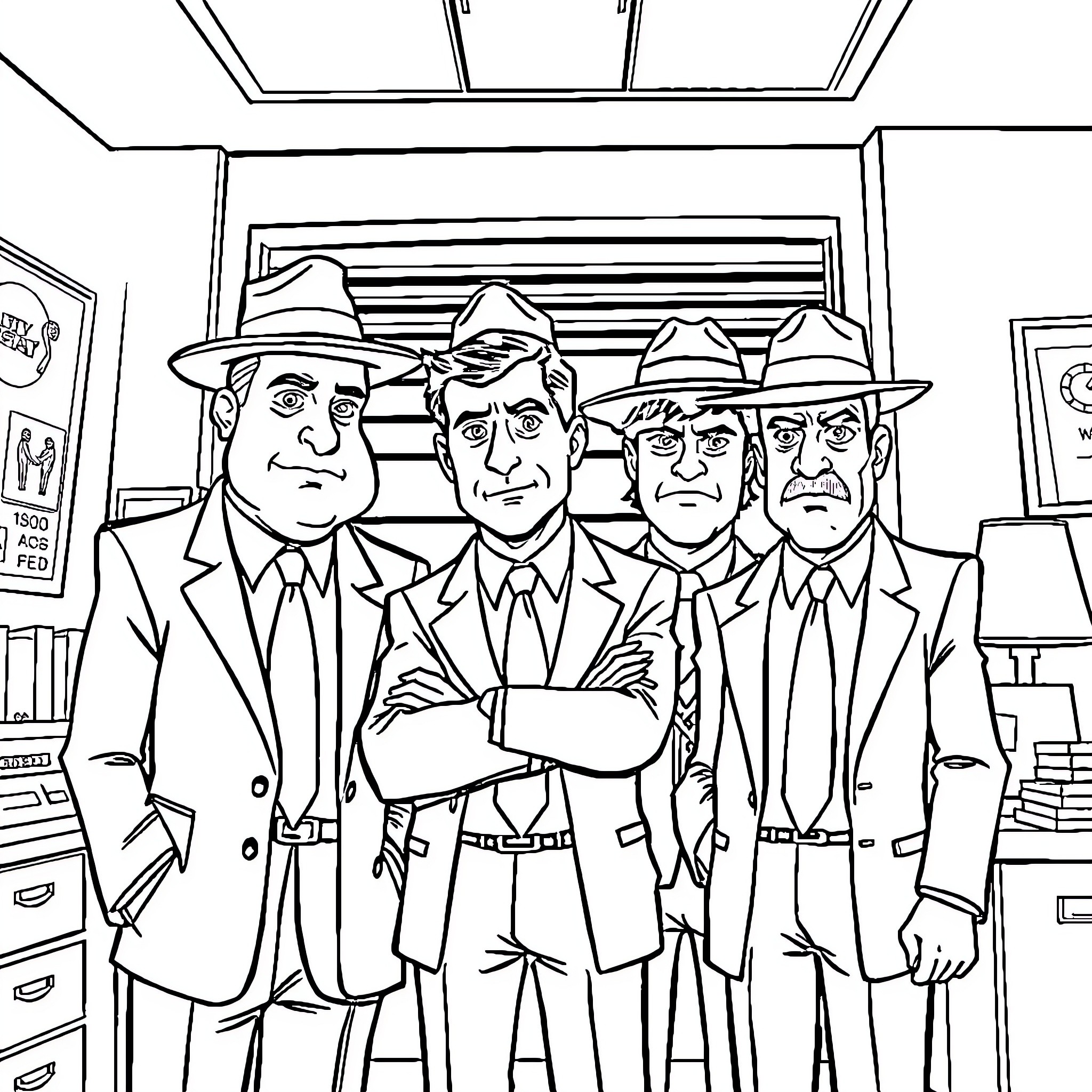 Office Characters in Formal Attire and Stern Expressions Coloring Page (free black-and-white line drawing printable PDF for all, from beginners to advanced learners, including children, teens, adults, and seniors)