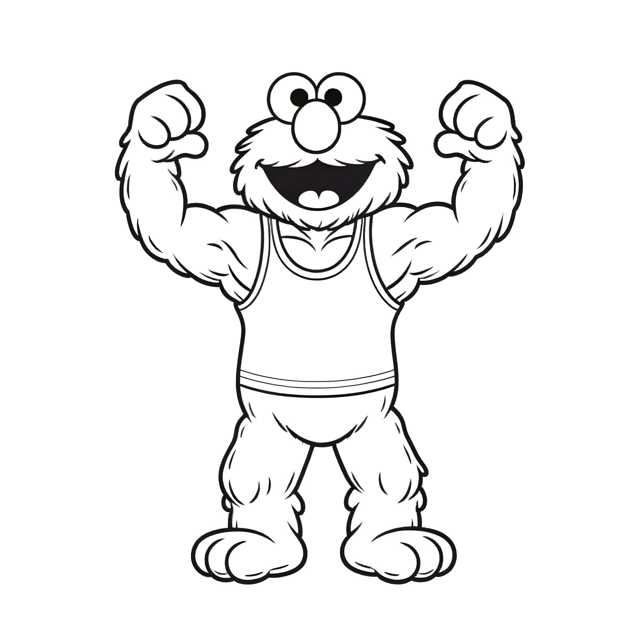 Elmo showing off his muscular arms Coloring Page (free black-and-white line drawing printable PDF for all, from beginners to advanced learners, including children, teens, adults, and seniors)