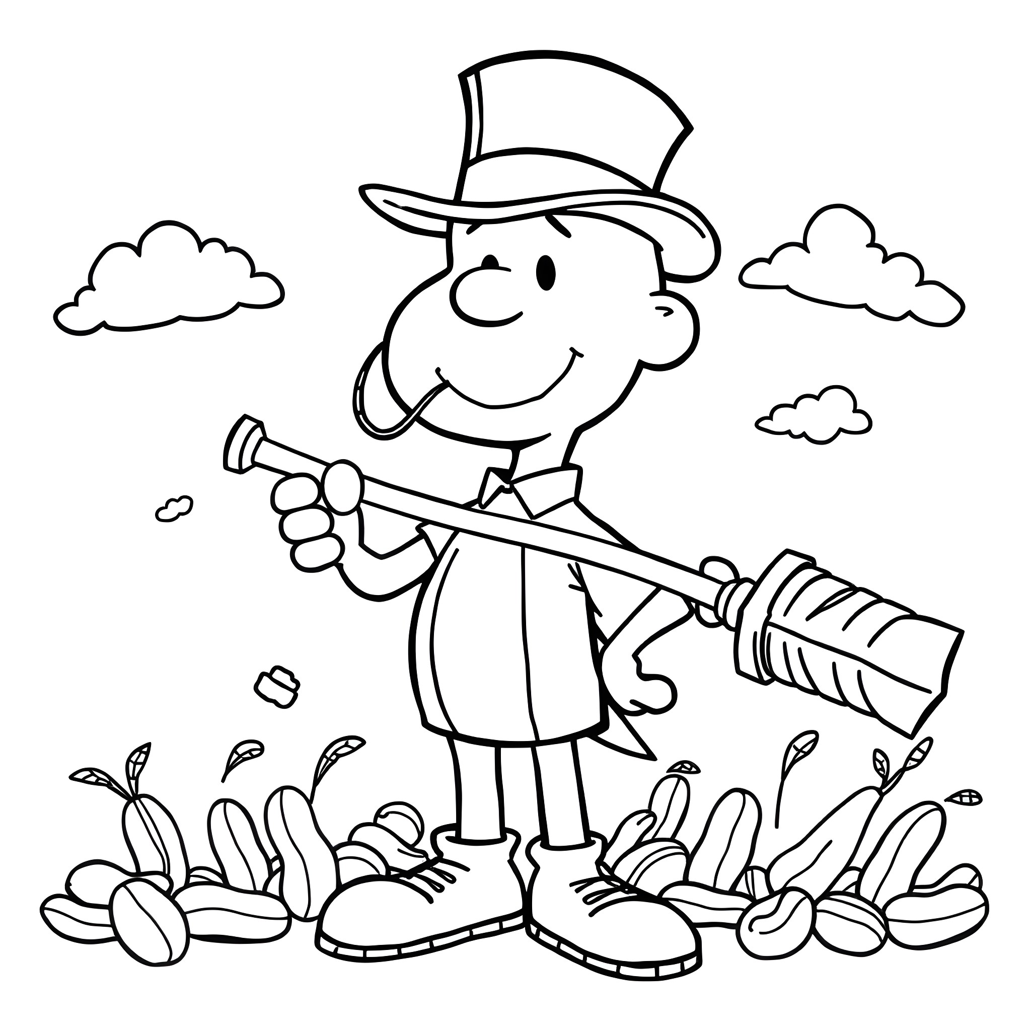 Mr Peanut Sweeping the Peanuts in the Park Coloring Page (free black-and-white line drawing printable PDF for all, from beginners to advanced learners, including children, teens, adults, and seniors)