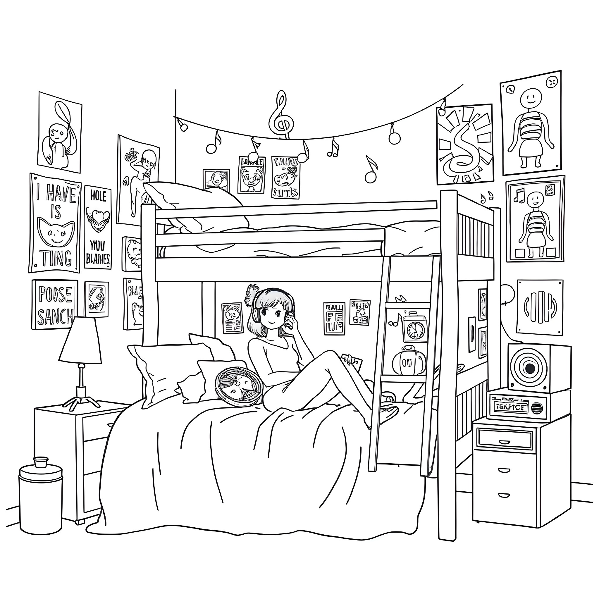 Girl relaxing in cozy bedroom with personal decor Coloring Page (free black-and-white line drawing printable PDF for all, from beginners to advanced learners, including children, teens, adults, and seniors)