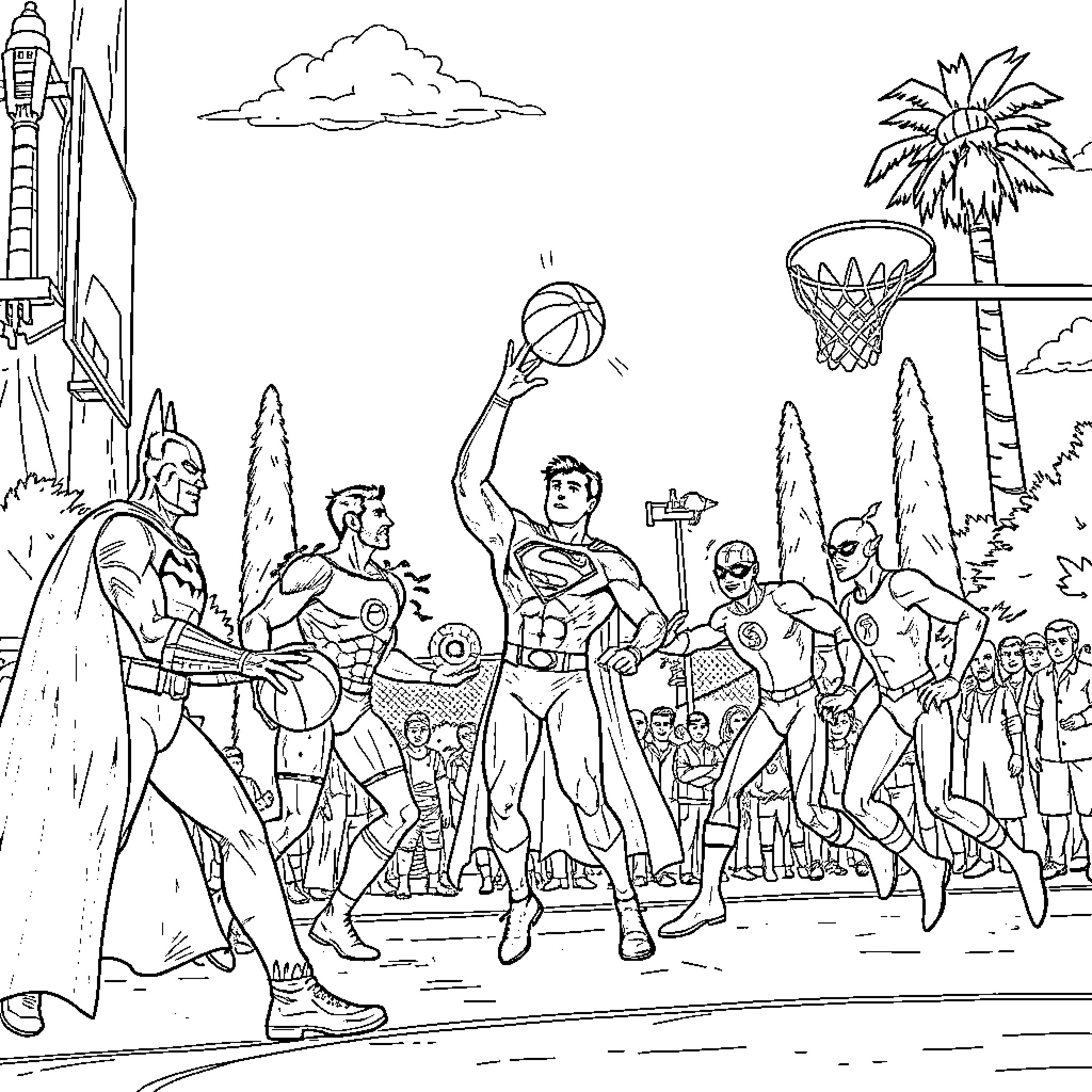 Superheroes Playing Basketball in the City Coloring Page (free black-and-white line drawing printable PDF for all, from beginners to advanced learners, including children, teens, adults, and seniors)