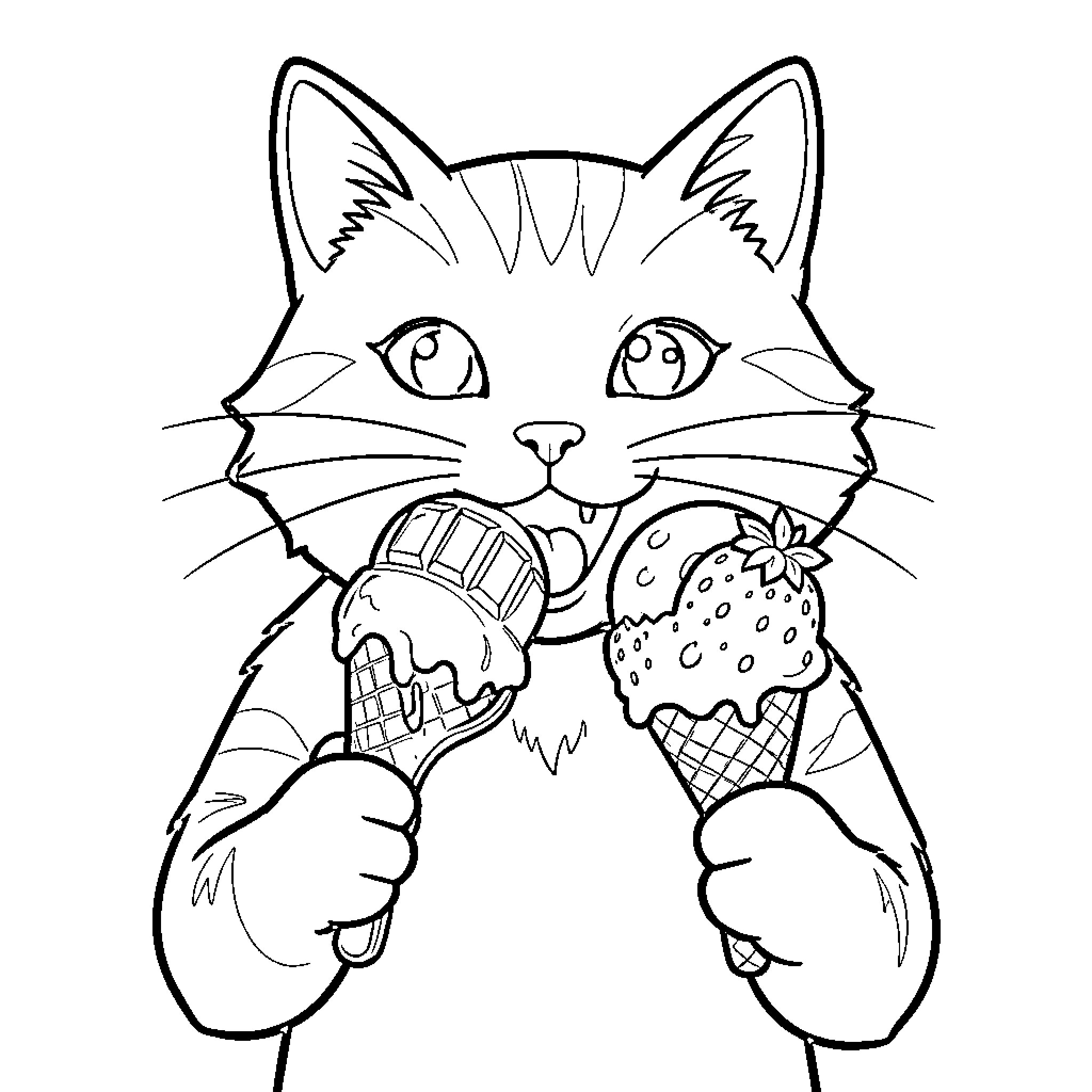 Кошка Раскраски eating delicious ice cream cones Coloring Page (free black-and-white line drawing printable PDF for all, from beginners to advanced learners, including children, teens, adults, and seniors)