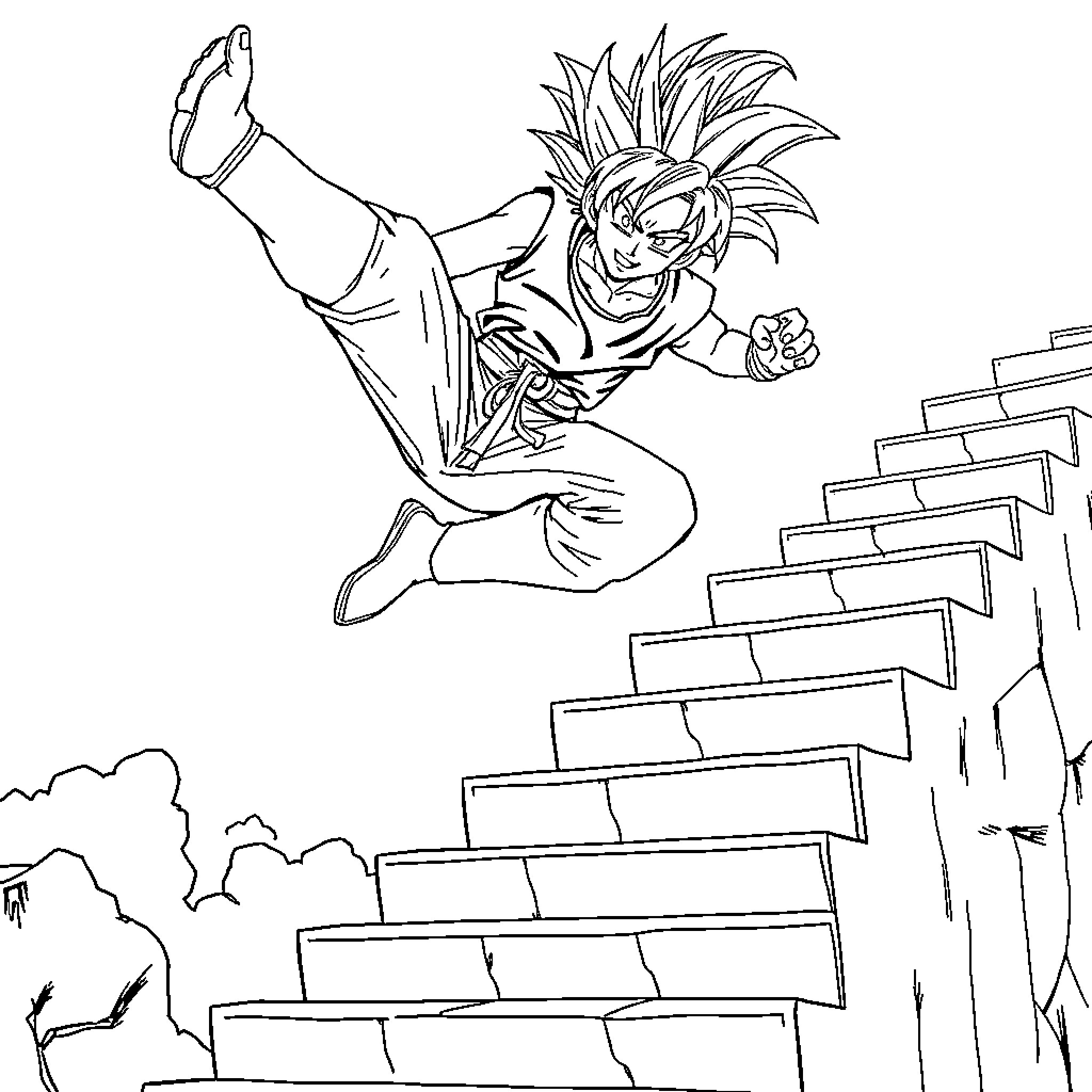 Trunks leaping over staircase with determination Coloring Page (free black-and-white line drawing printable PDF for all, from beginners to advanced learners, including children, teens, adults, and seniors)