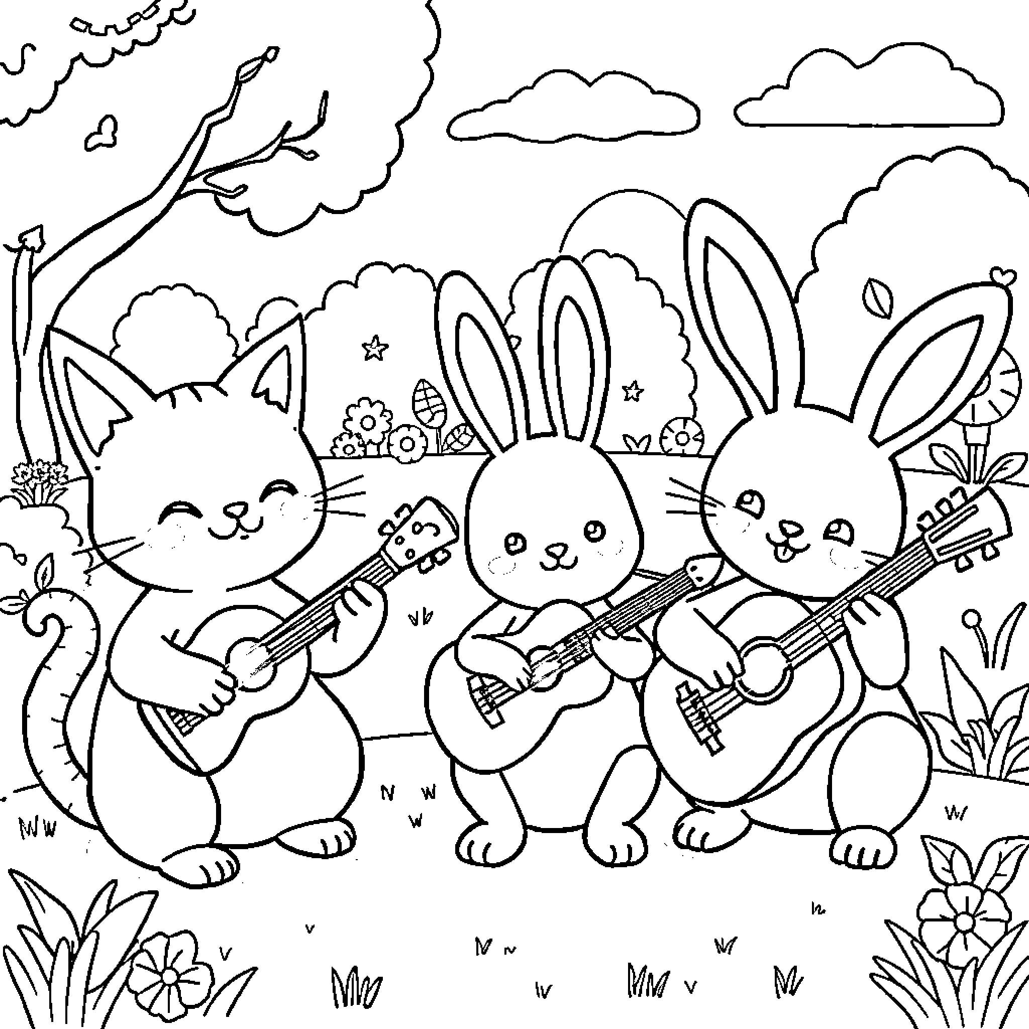 Animal band playing guitars in the park Coloring Page (free black-and-white line drawing printable PDF for all, from beginners to advanced learners, including children, teens, adults, and seniors)