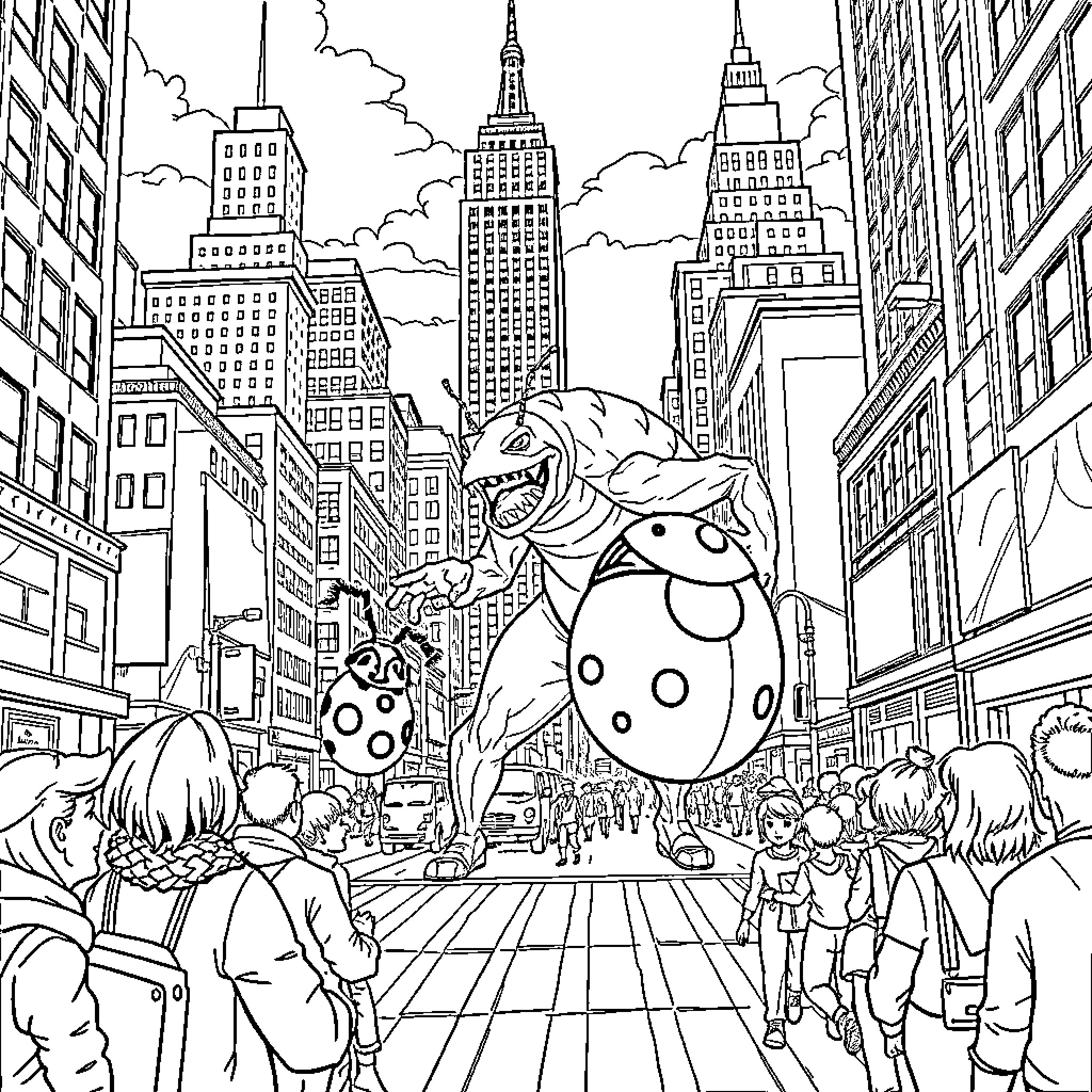 Ladybug giant balloon parade in the city Coloring Page (free black-and-white line drawing printable PDF for all, from beginners to advanced learners, including children, teens, adults, and seniors)