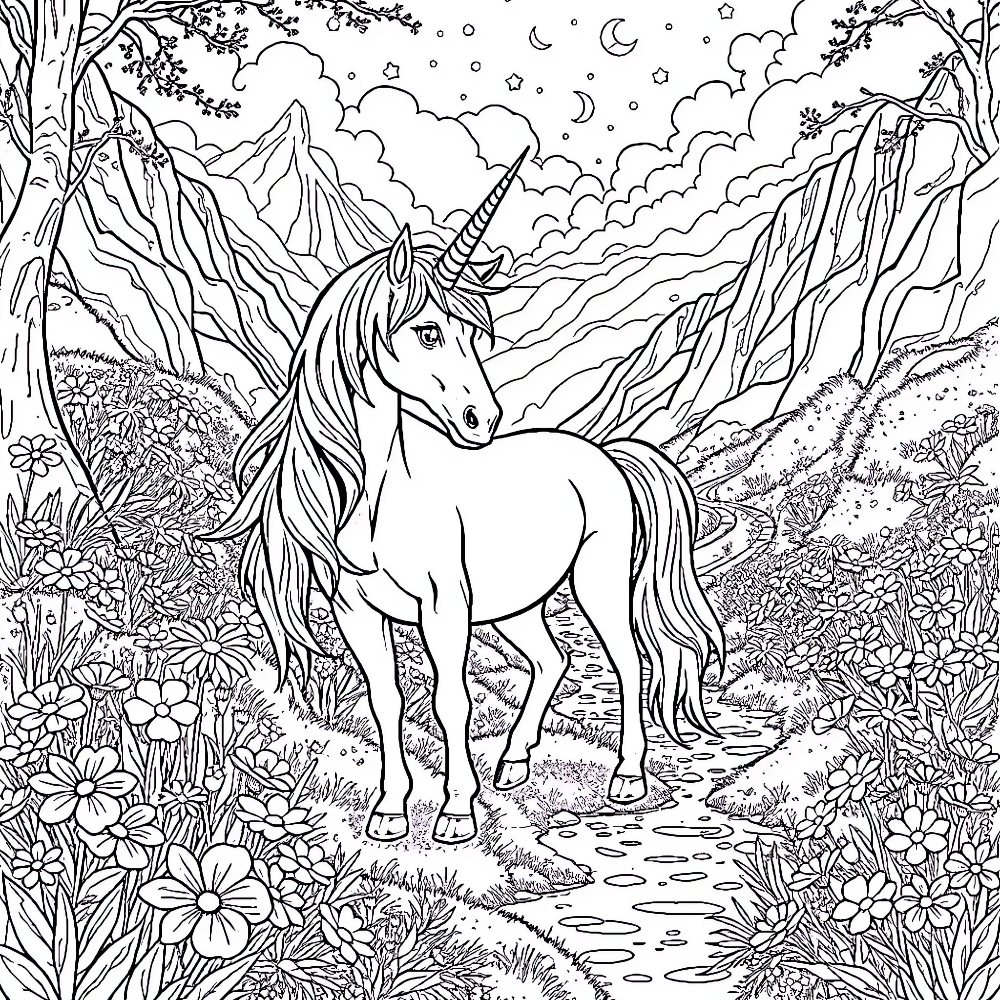 Unicorn Exploring the Enchanted Moonlit Forest Coloring Page (free black-and-white line drawing printable PDF for all, from beginners to advanced learners, including children, teens, adults, and seniors)