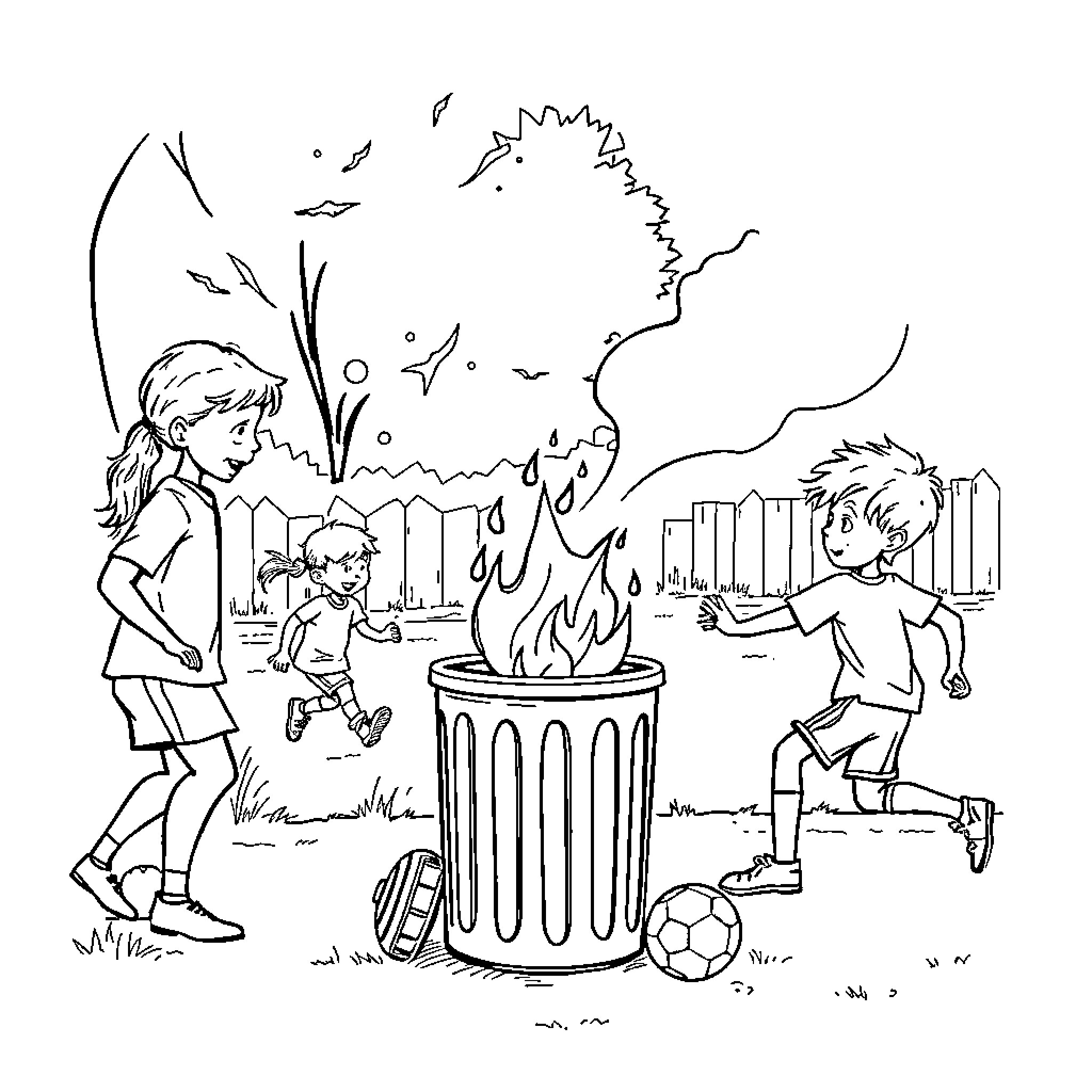 Trash Can Burning with Kids Playing Soccer Nearby Coloring Page (free black-and-white line drawing printable PDF for all, from beginners to advanced learners, including children, teens, adults, and seniors)