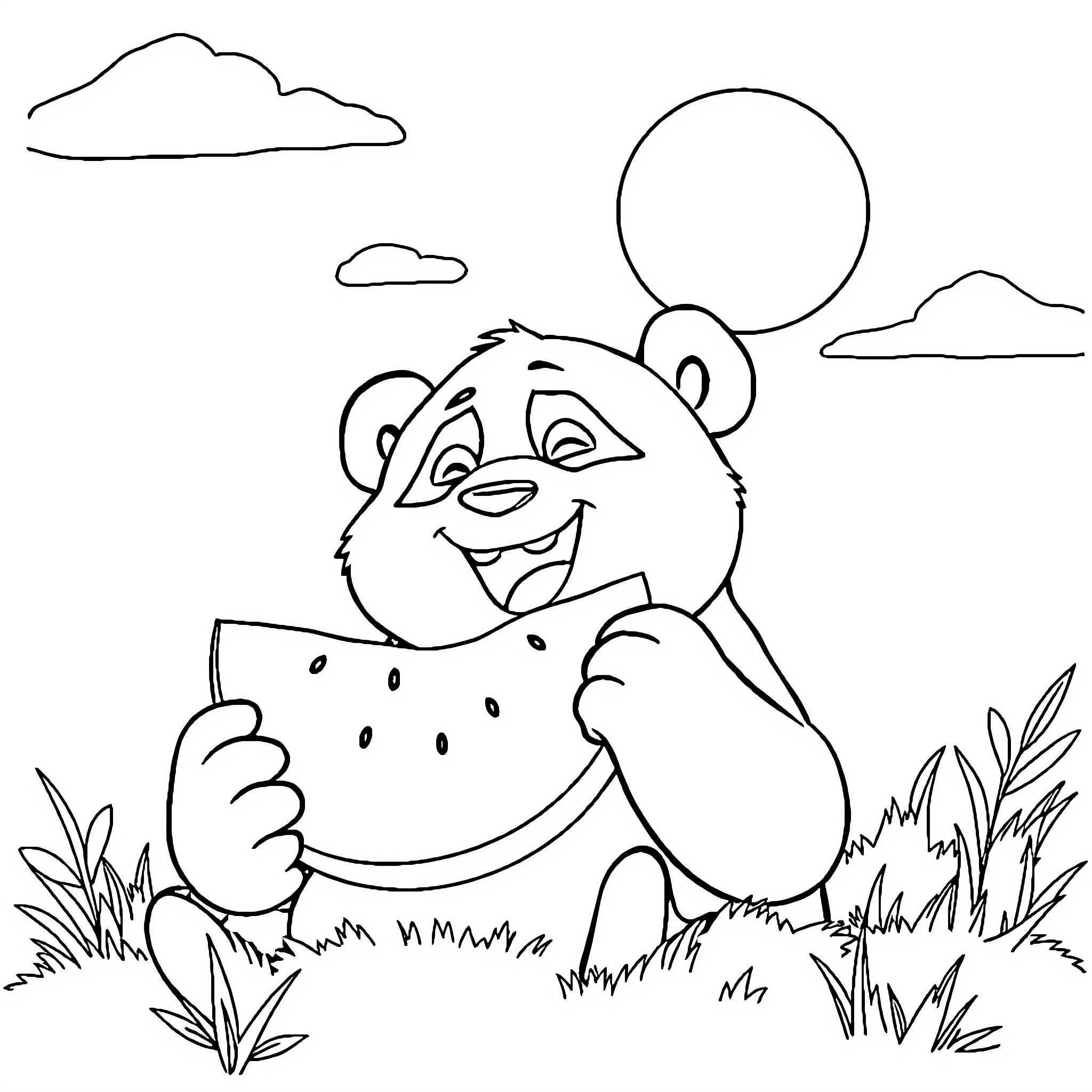 Kung Fu Panda enjoying a delicious watermelon in nature Coloring Page (free black-and-white line drawing printable PDF for all, from beginners to advanced learners, including children, teens, adults, and seniors)