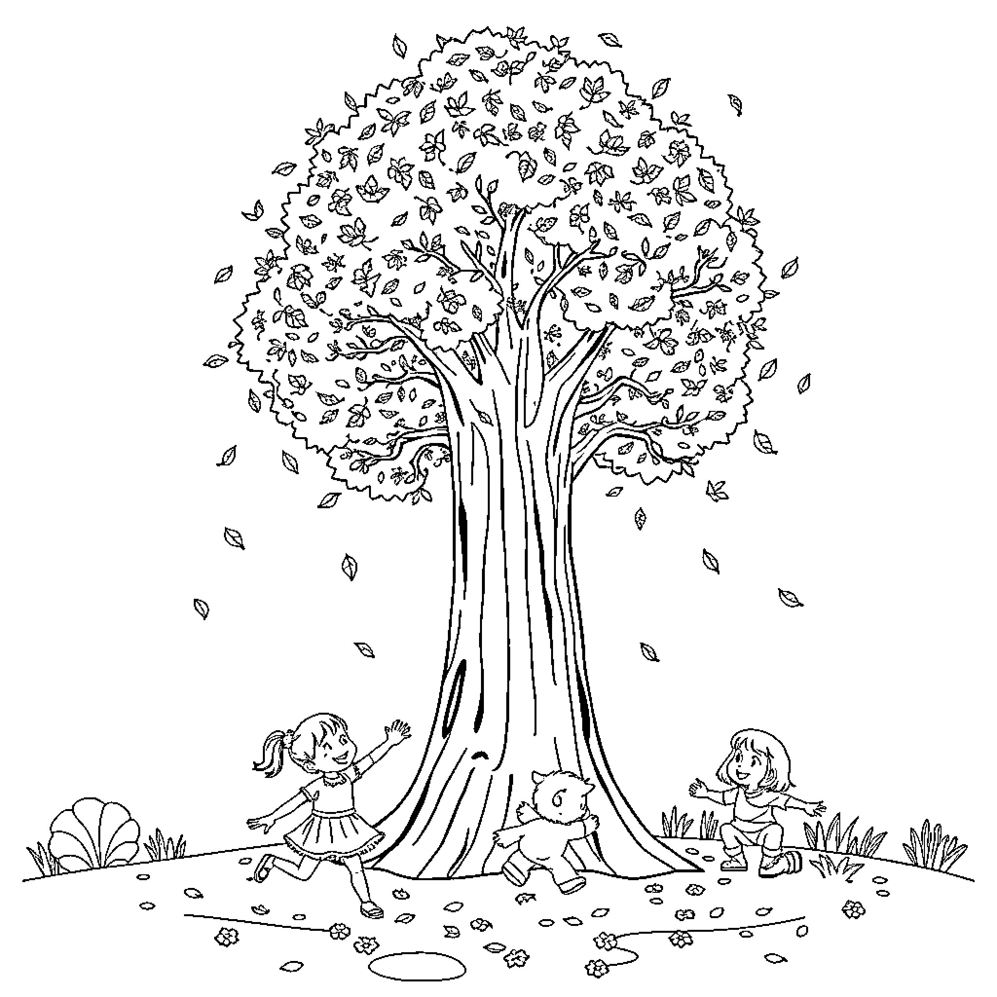 Kids playing under a big tree in autumn Coloring Page (free black-and-white line drawing printable PDF for all, from beginners to advanced learners, including children, teens, adults, and seniors)