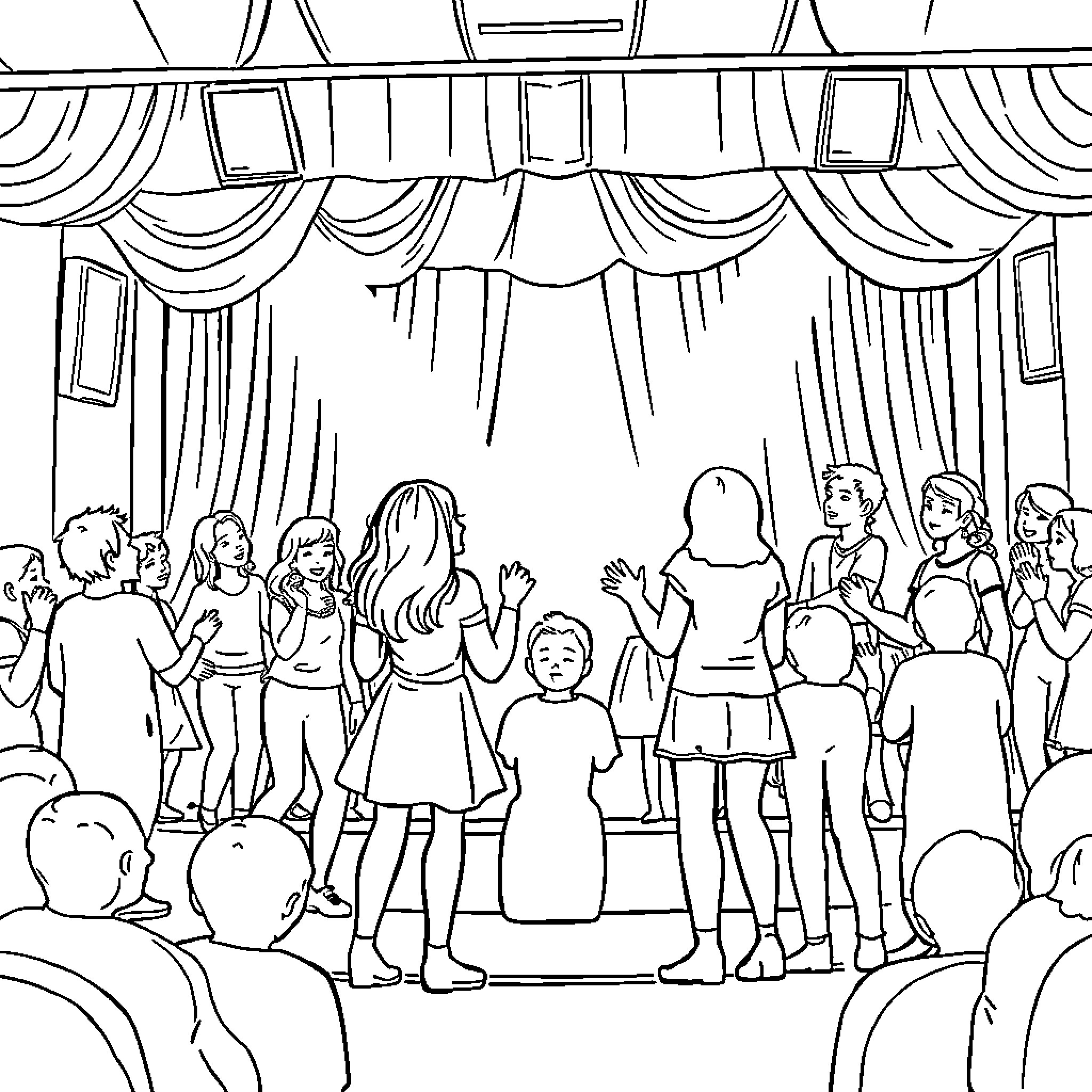Musical Performance on a Stage Coloring Page (free black-and-white line drawing printable PDF for all, from beginners to advanced learners, including children, teens, adults, and seniors)