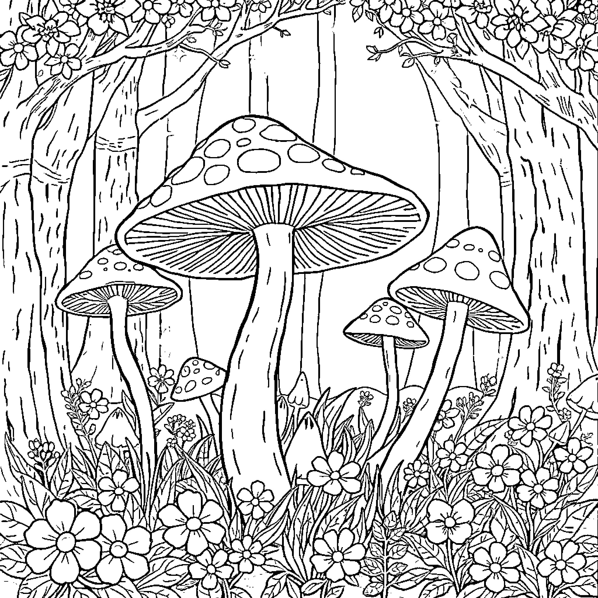 Mushroom Forest Enchantment Coloring Page (free black-and-white line drawing printable PDF for all, from beginners to advanced learners, including children, teens, adults, and seniors)