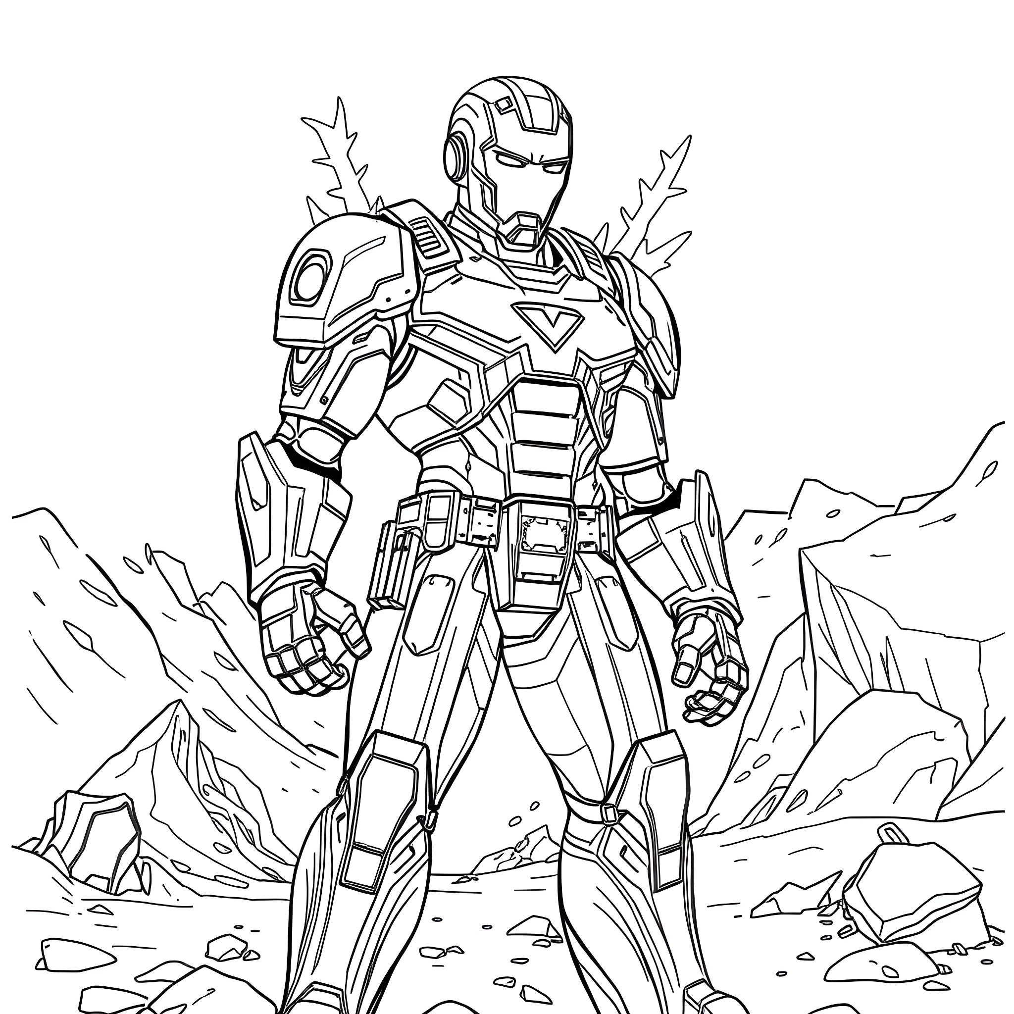 Iron Freeze: Armored Figure in Rugged Terrain Coloring Page (free black-and-white line drawing printable PDF for all, from beginners to advanced learners, including children, teens, adults, and seniors)