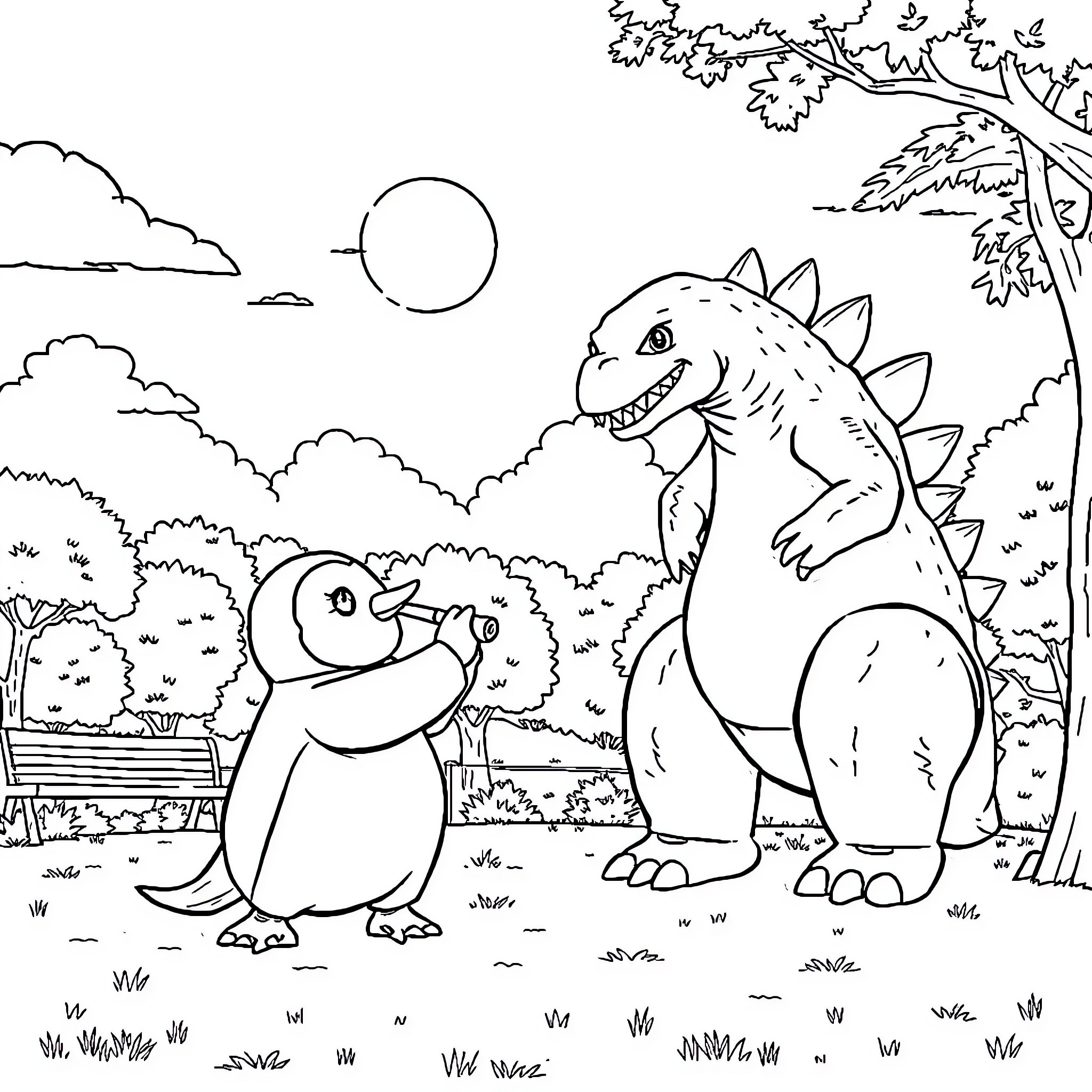 Penguin and Dinosaur Exploring the Wilderness Coloring Page (free black-and-white line drawing printable PDF for all, from beginners to advanced learners, including children, teens, adults, and seniors)