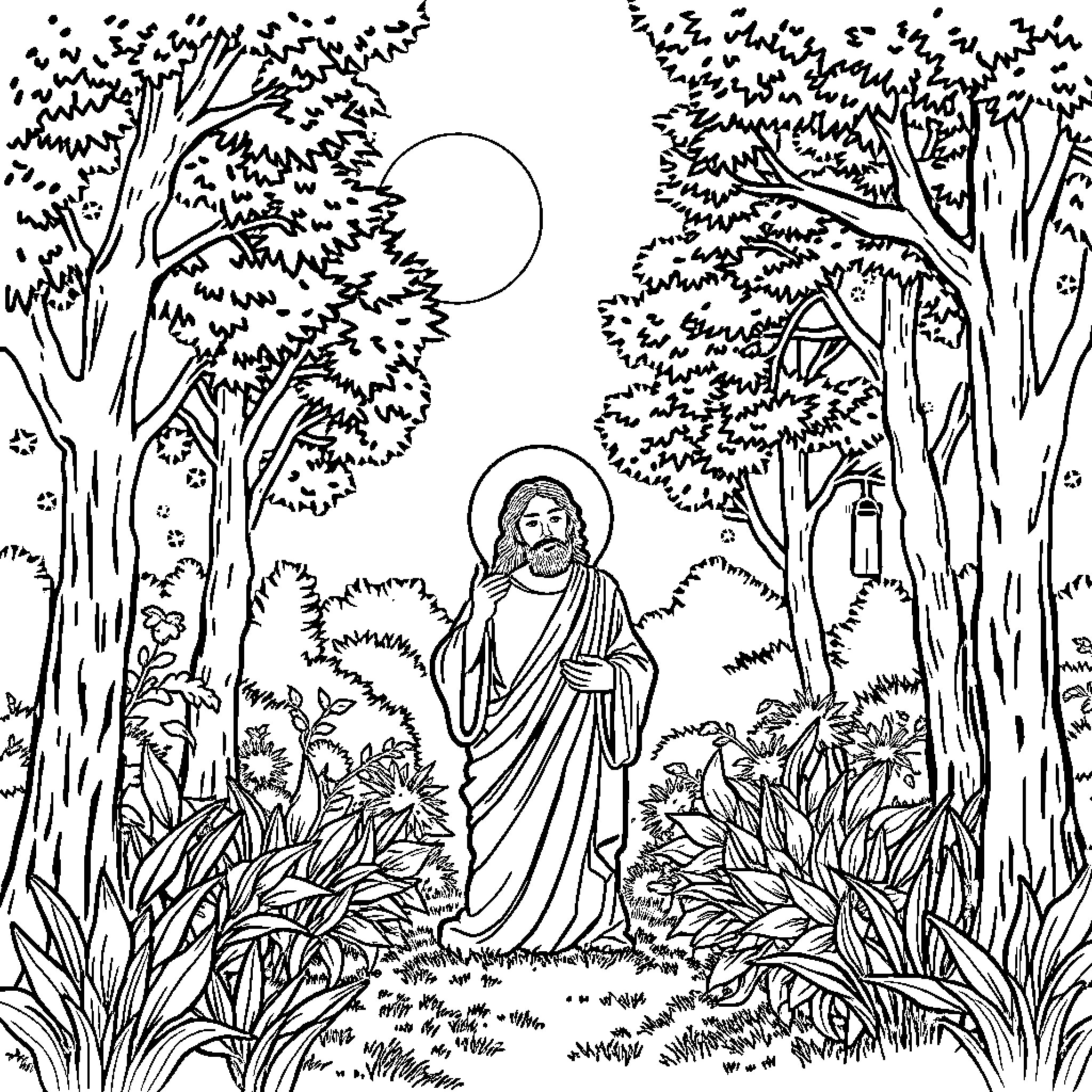 Jesus walking alone in the woods Coloring Page (free black-and-white line drawing printable PDF for all, from beginners to advanced learners, including children, teens, adults, and seniors)