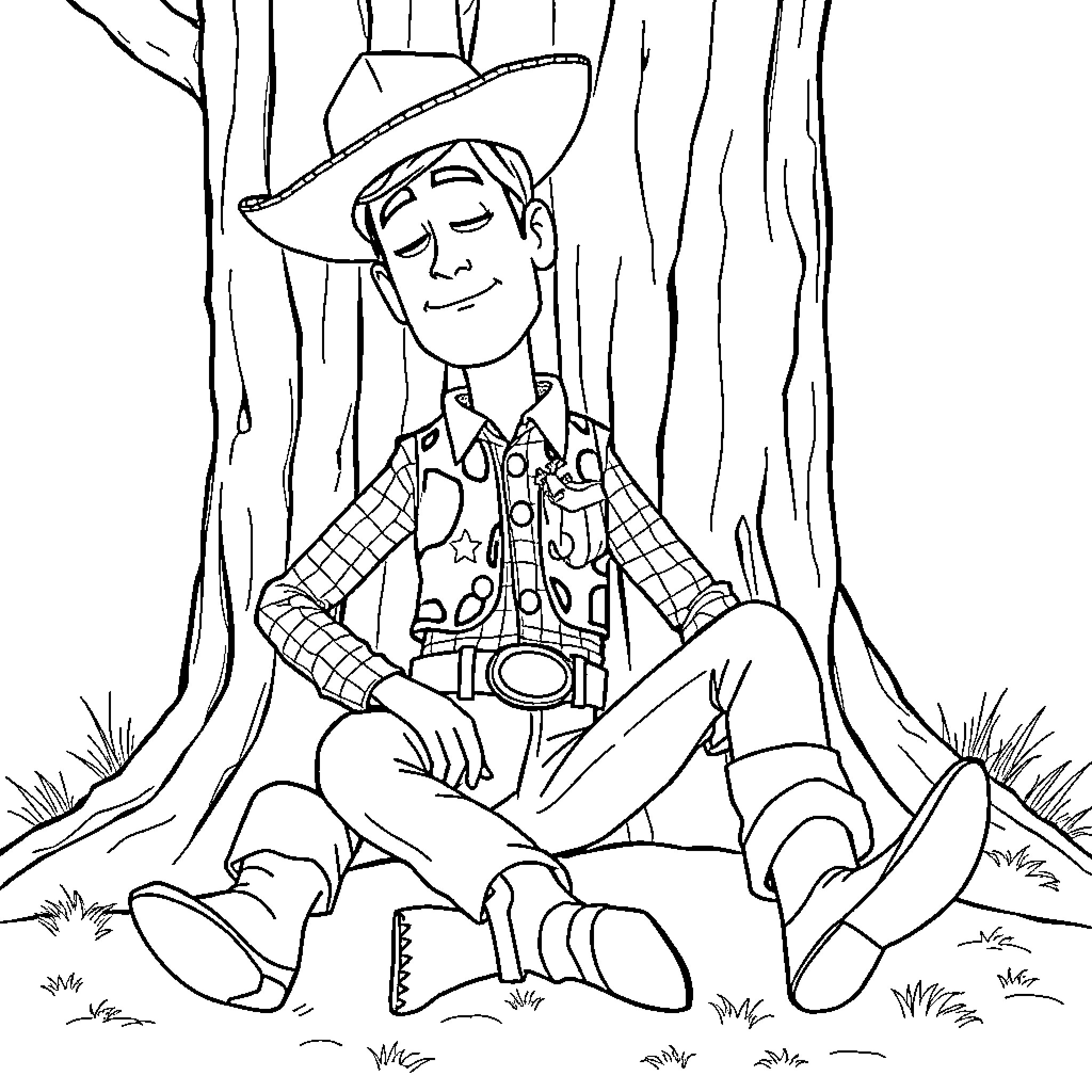 Cowboy relaxing in the woods Coloring Page (free black-and-white line drawing printable PDF for all, from beginners to advanced learners, including children, teens, adults, and seniors)