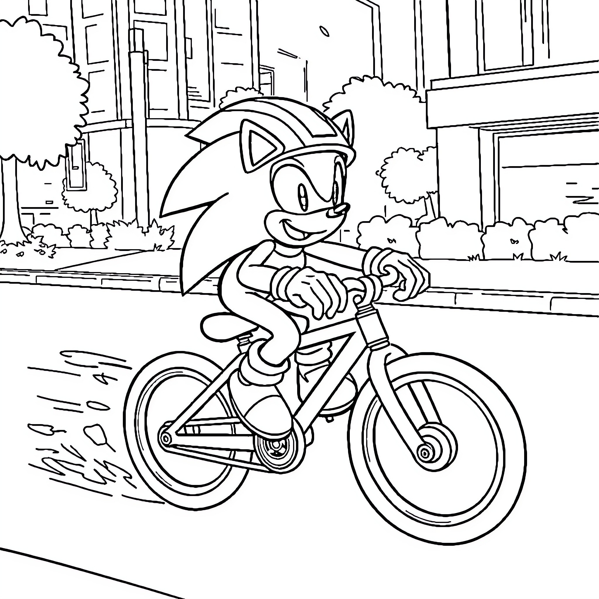 Sonic Riding Bicycle in Urban Scene Coloring Page (free black-and-white line drawing printable PDF for all, from beginners to advanced learners, including children, teens, adults, and seniors)