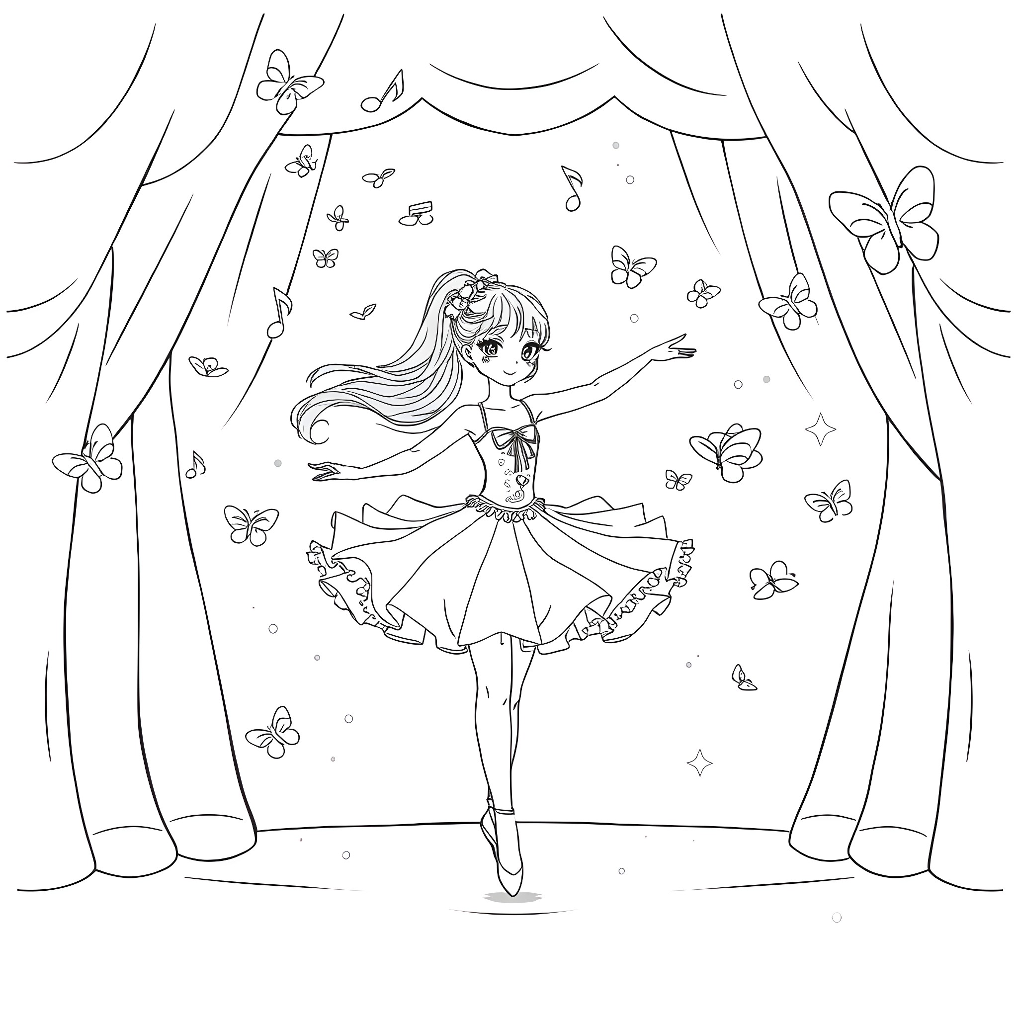 Karomi Ballerina Dancing Gracefully with Butterflies Coloring Page (free black-and-white line drawing printable PDF for all, from beginners to advanced learners, including children, teens, adults, and seniors)