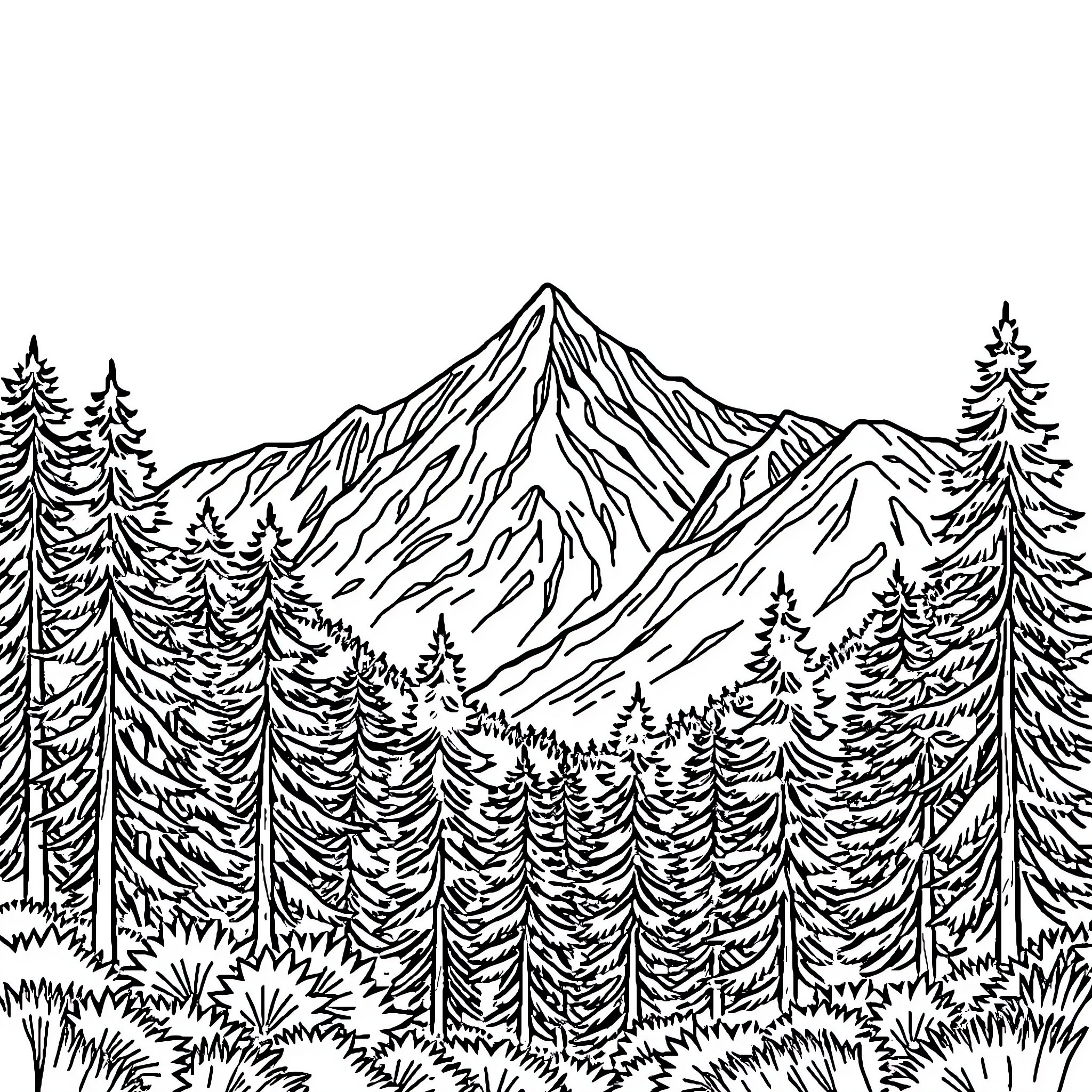 Nature's Majestic Mountain Landscape Coloring Page (free black-and-white line drawing printable PDF for all, from beginners to advanced learners, including children, teens, adults, and seniors)