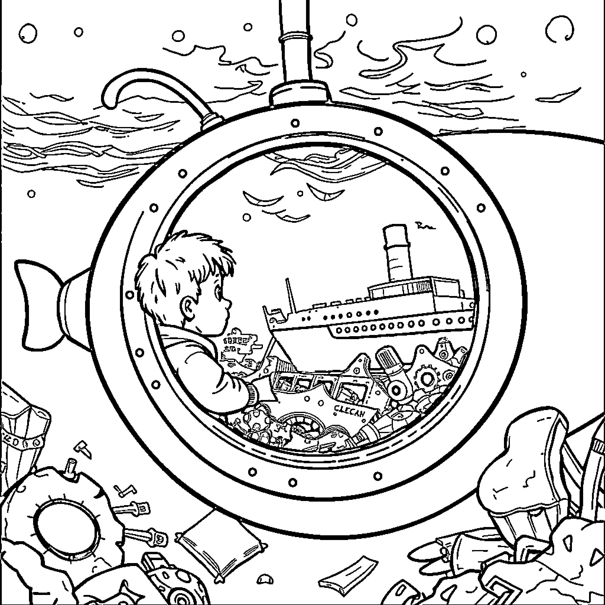 Submarine Exploration Adventure in the Deep Sea Coloring Page (free black-and-white line drawing printable PDF for all, from beginners to advanced learners, including children, teens, adults, and seniors)