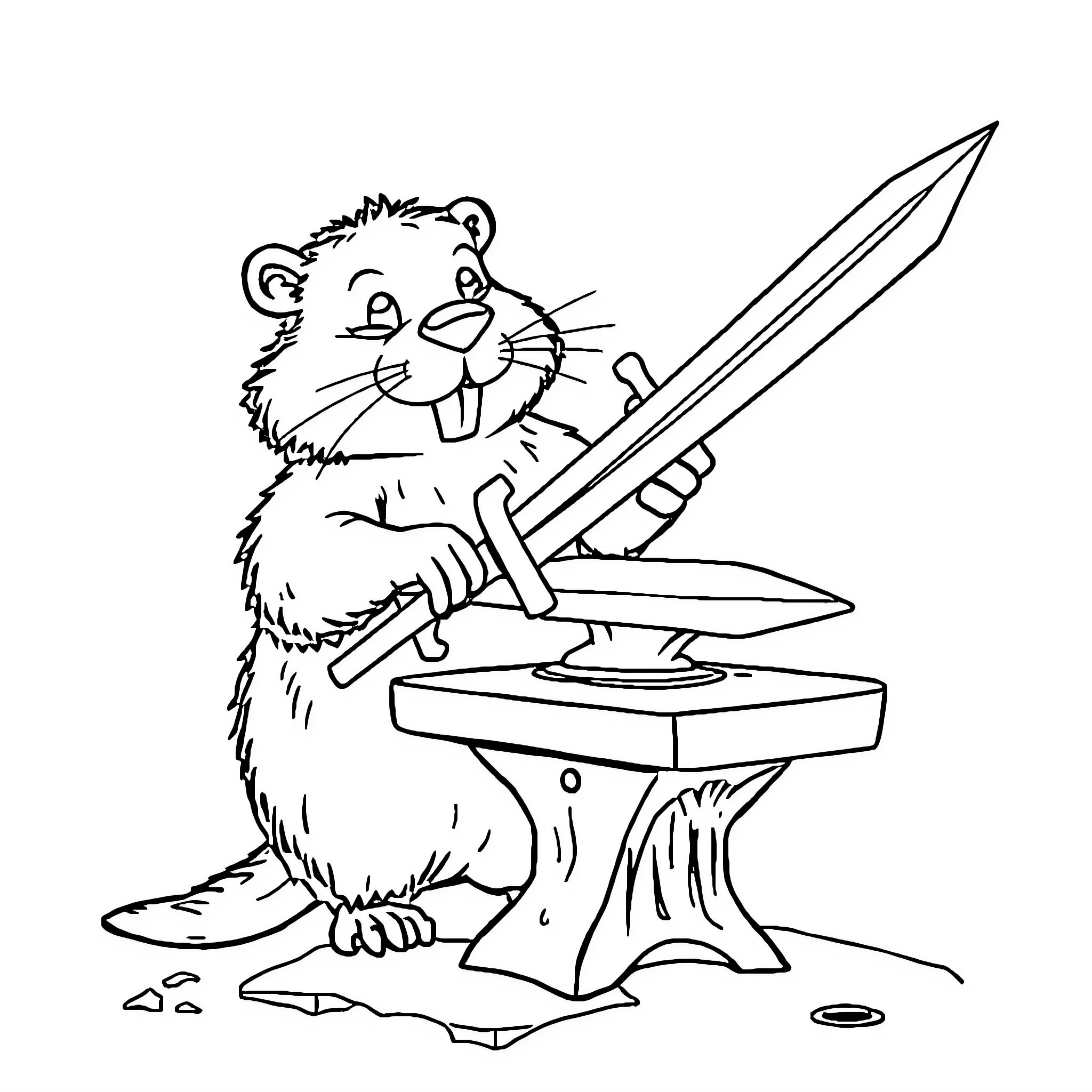 Beaver Blacksmith Crafting with Sword on Anvil Coloring Page (free black-and-white line drawing printable PDF for all, from beginners to advanced learners, including children, teens, adults, and seniors)
