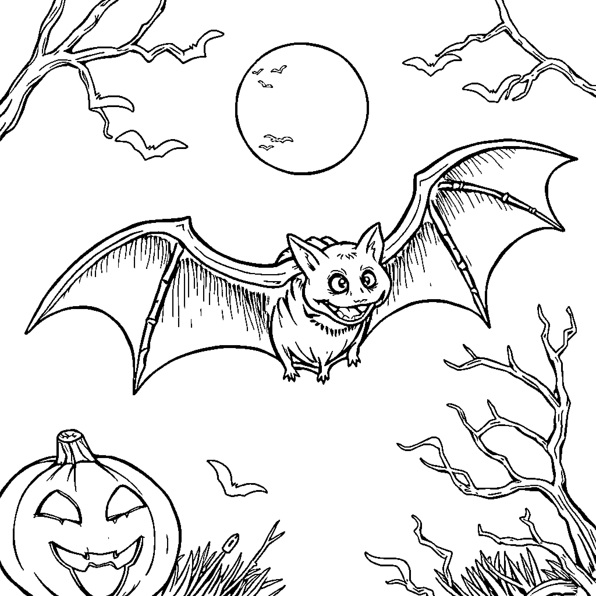 Bat flying amidst Halloween scenes Coloring Page (free black-and-white line drawing printable PDF for all, from beginners to advanced learners, including children, teens, adults, and seniors)