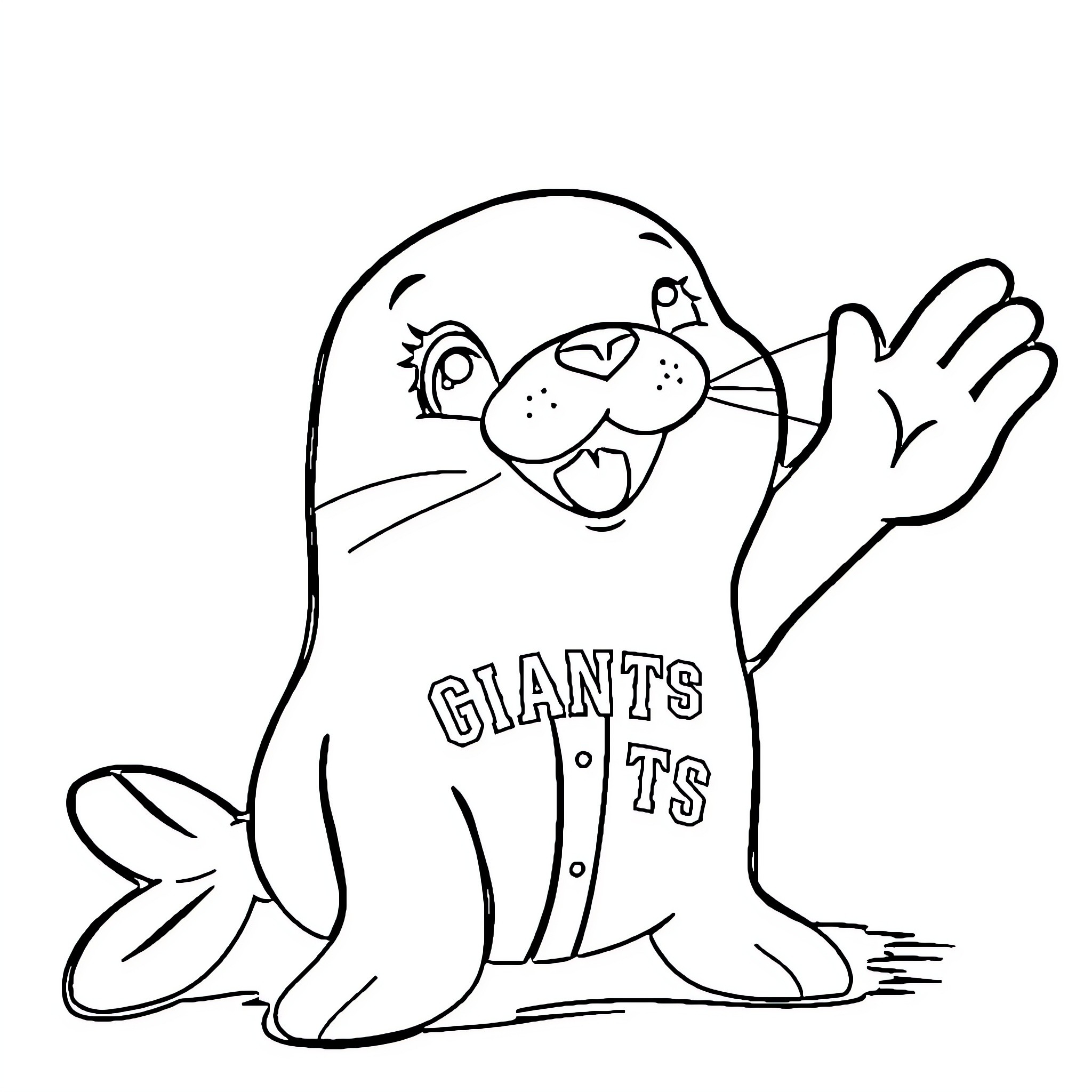 Lou Seal waving and wearing Giants jersey Coloring Page (free black-and-white line drawing printable PDF for all, from beginners to advanced learners, including children, teens, adults, and seniors)