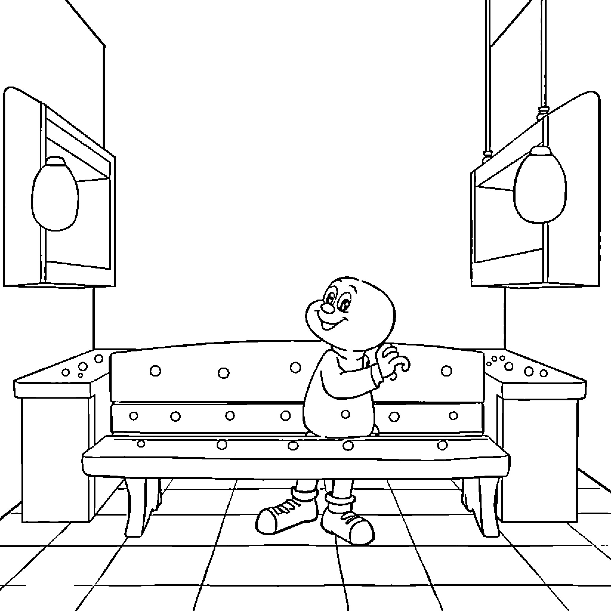 Count von Count sitting on a bench in a studio Coloring Page (free black-and-white line drawing printable PDF for all, from beginners to advanced learners, including children, teens, adults, and seniors)
