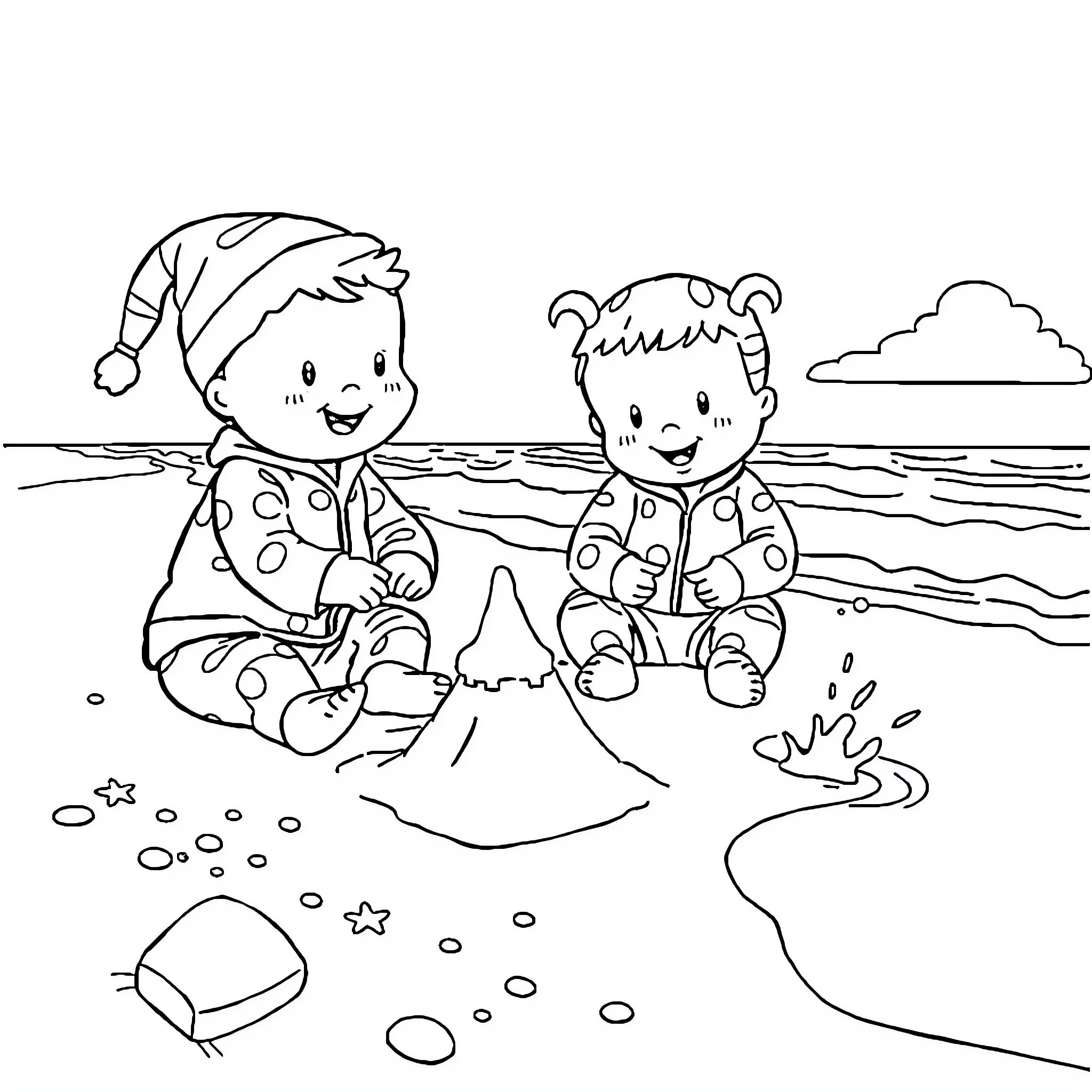 Pyjamasques playing happily on the beach Coloring Page (free black-and-white line drawing printable PDF for all, from beginners to advanced learners, including children, teens, adults, and seniors)