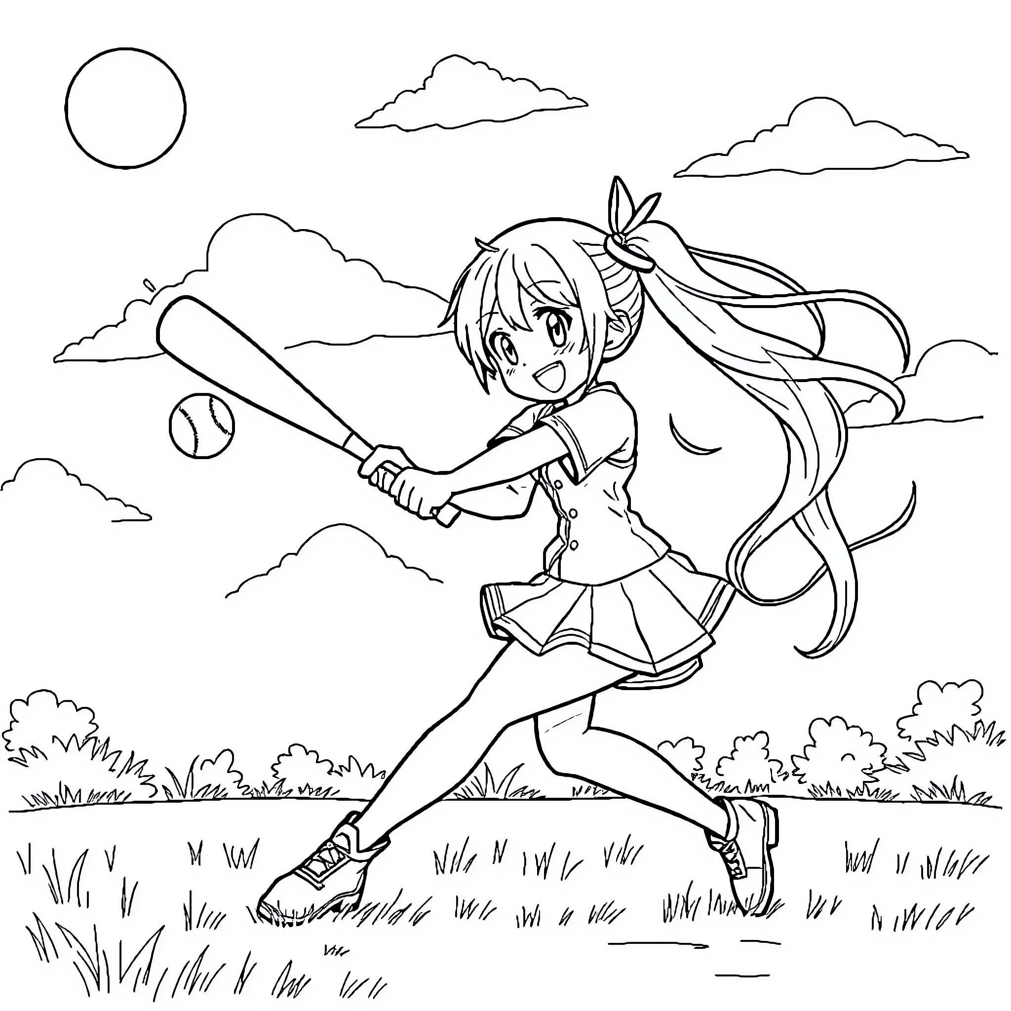 Miku playing baseball in the park Coloring Page (free black-and-white line drawing printable PDF for all, from beginners to advanced learners, including children, teens, adults, and seniors)