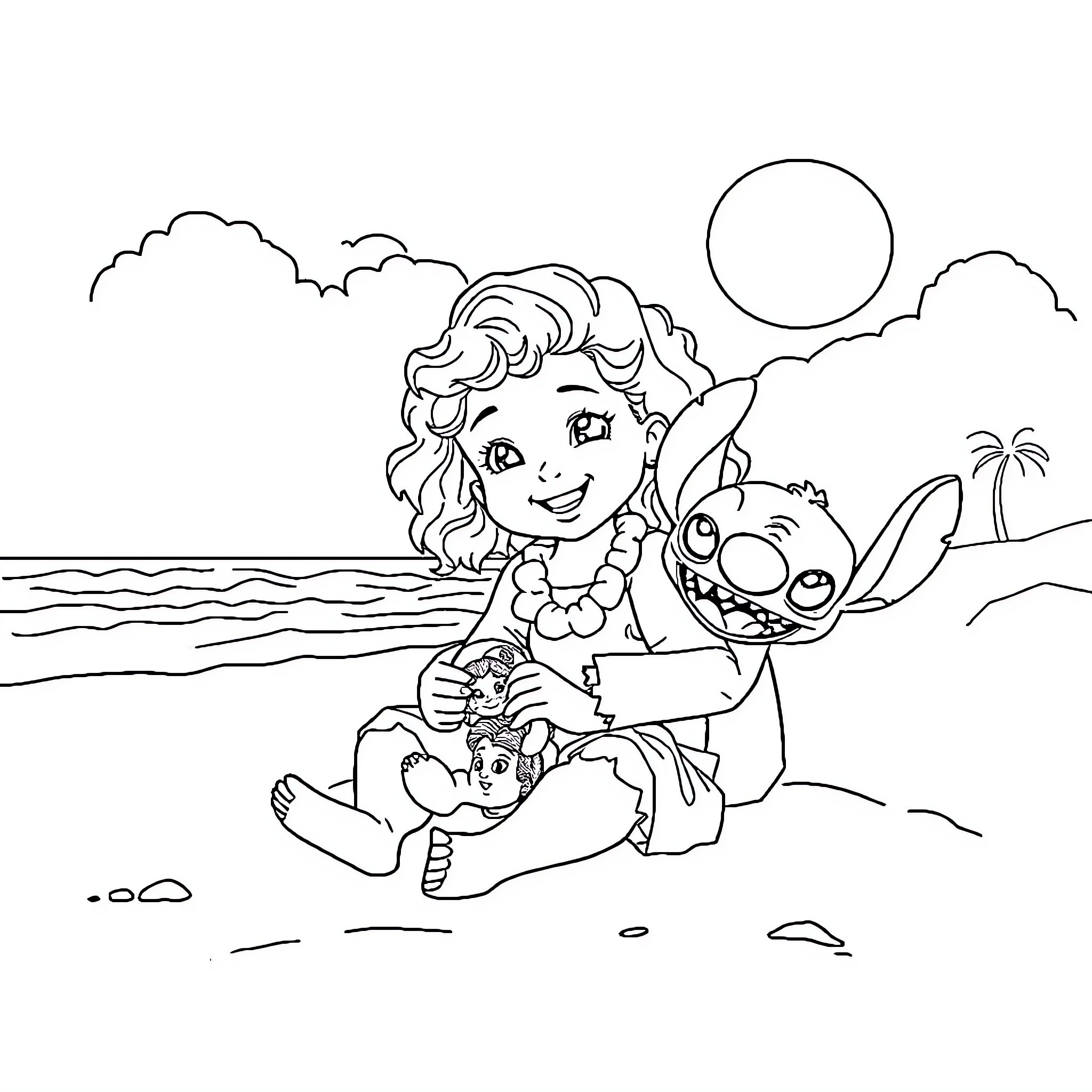 Girl playing happily with a sea creature on the beach Coloring Page (free black-and-white line drawing printable PDF for all, from beginners to advanced learners, including children, teens, adults, and seniors)