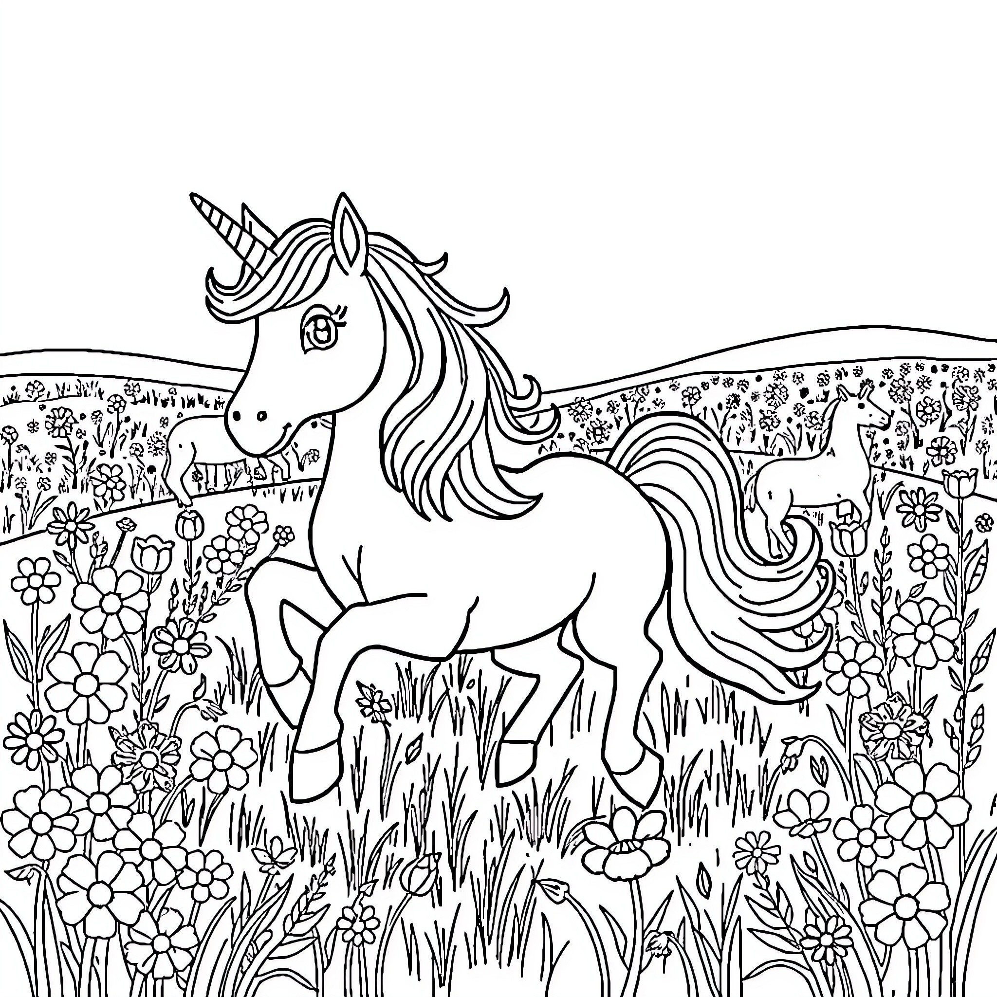 Unicorn strolling through a whimsical floral landscape Coloring Page (free black-and-white line drawing printable PDF for all, from beginners to advanced learners, including children, teens, adults, and seniors)
