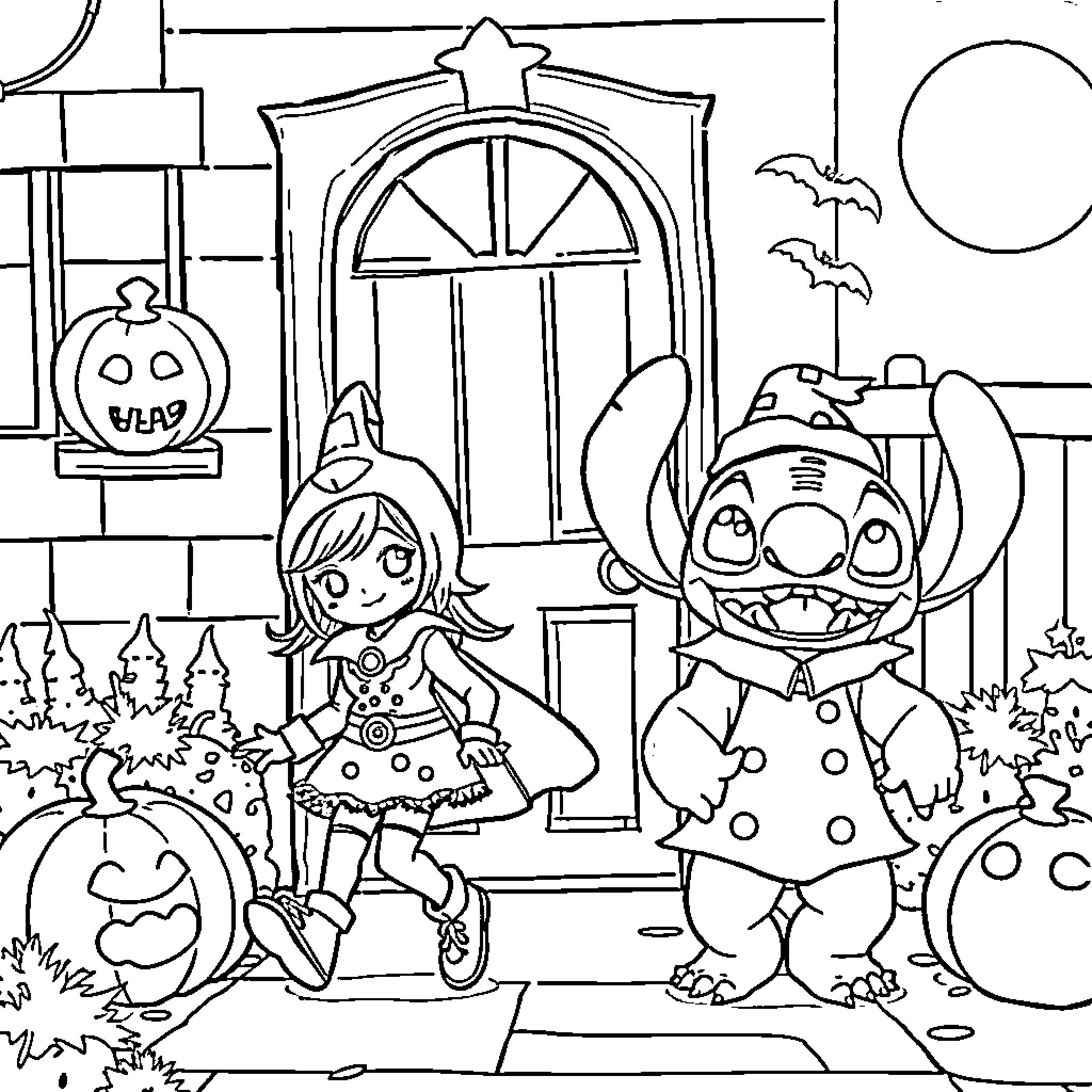Rumi and Stitch enjoying Halloween festivities Coloring Page (free black-and-white line drawing printable PDF for all, from beginners to advanced learners, including children, teens, adults, and seniors)