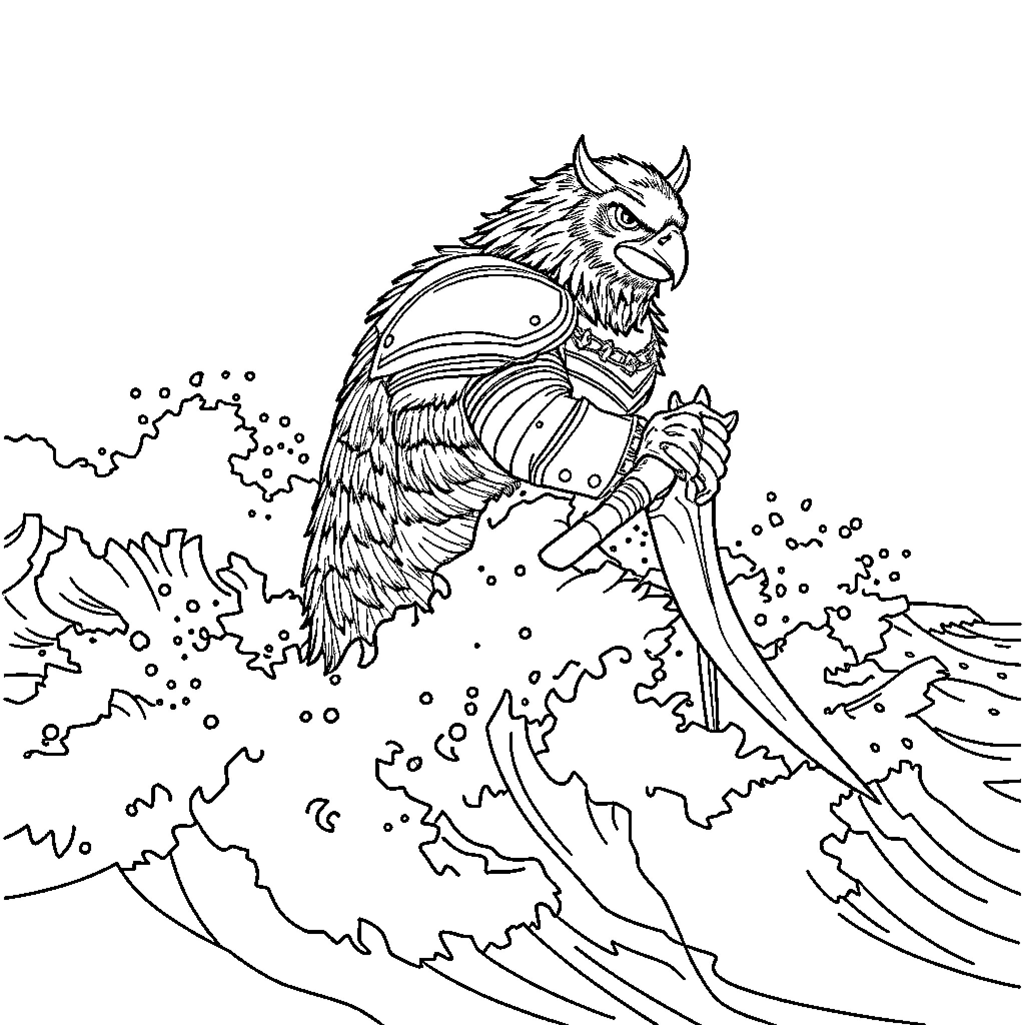 Ritter Riding the Mythical Creature Through Stormy Waves Coloring Page (free black-and-white line drawing printable PDF for all, from beginners to advanced learners, including children, teens, adults, and seniors)