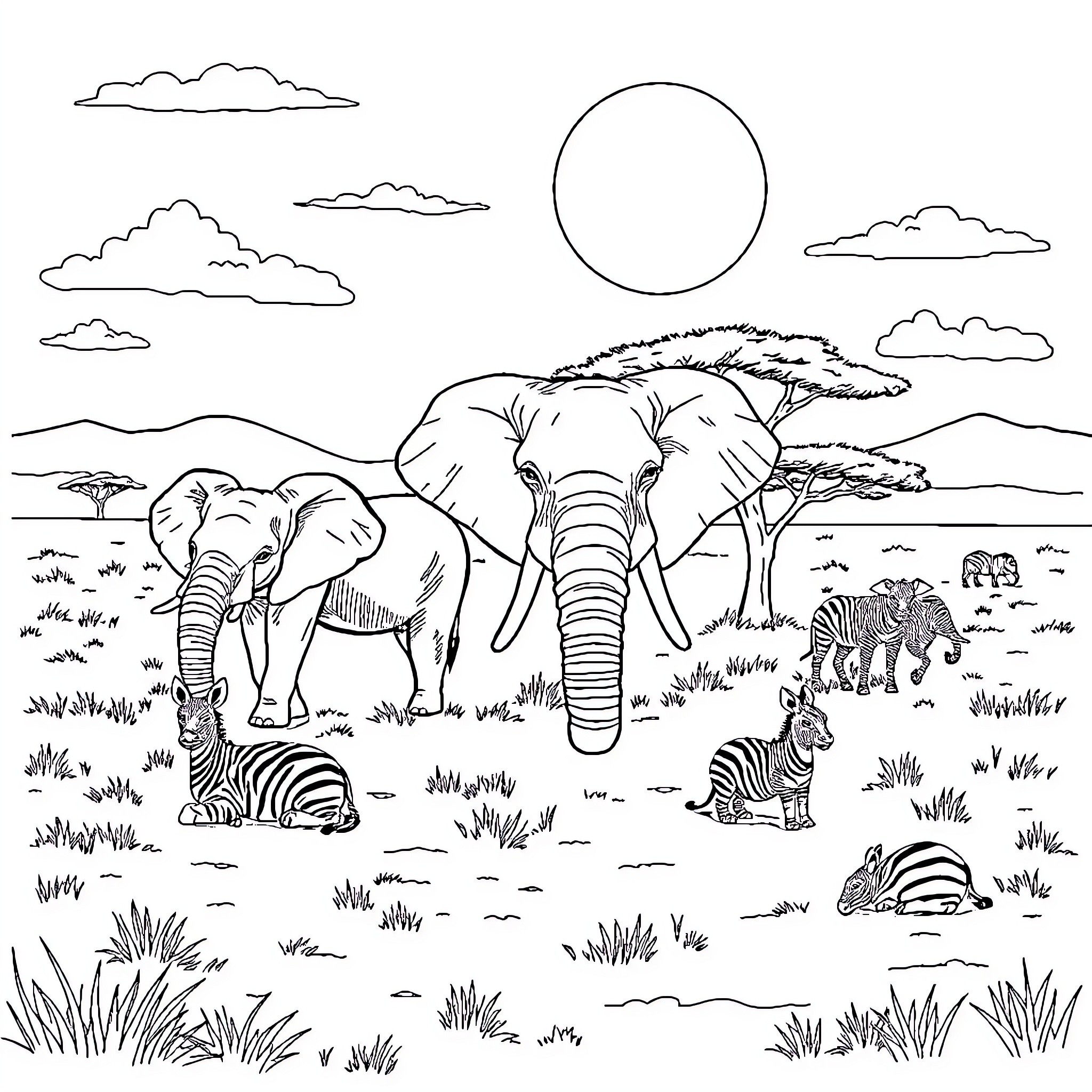 Animal Safari in the Serengeti Landscape Coloring Page (free black-and-white line drawing printable PDF for all, from beginners to advanced learners, including children, teens, adults, and seniors)