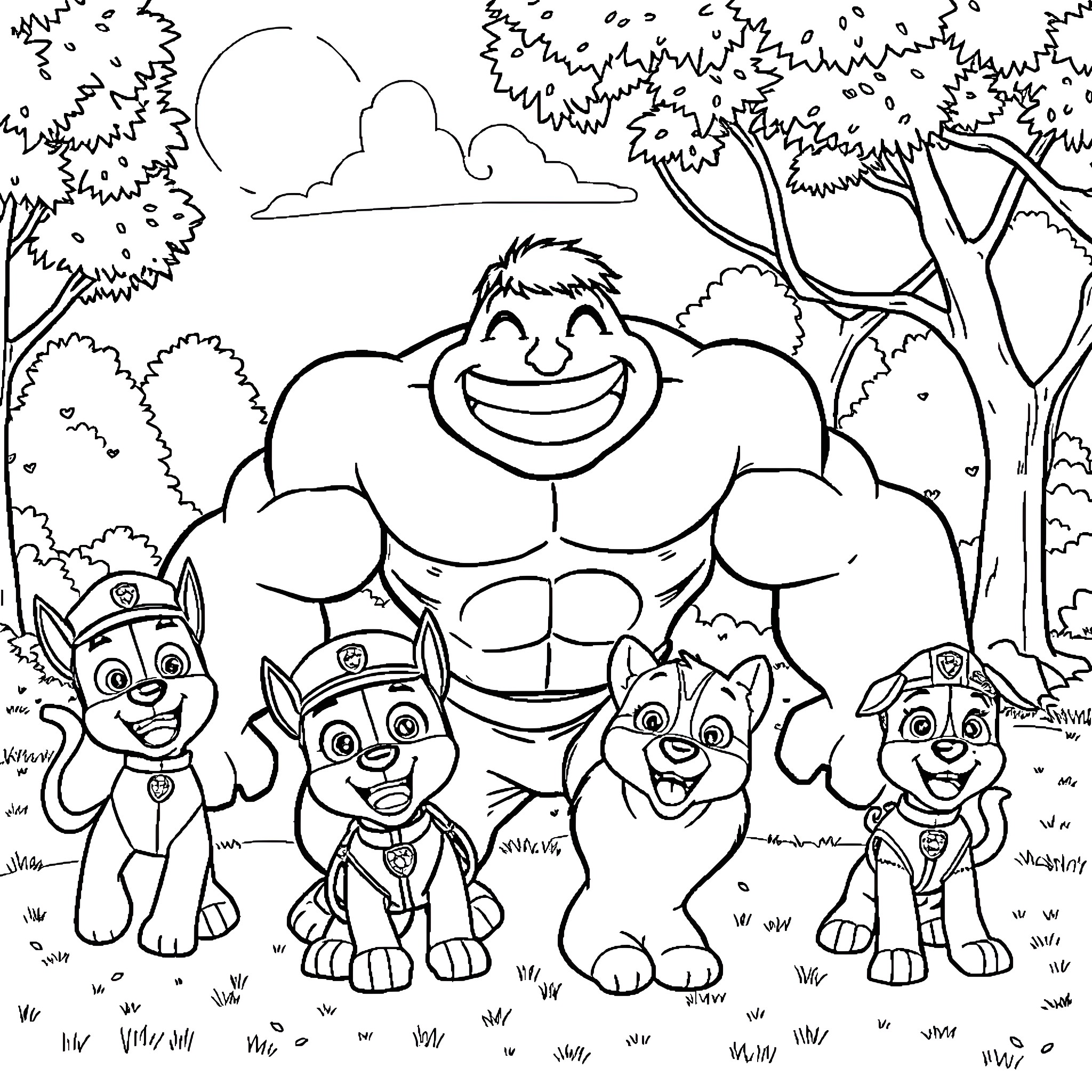 Hulk and Paw Patrol team up for an adventure Coloring Page (free black-and-white line drawing printable PDF for all, from beginners to advanced learners, including children, teens, adults, and seniors)