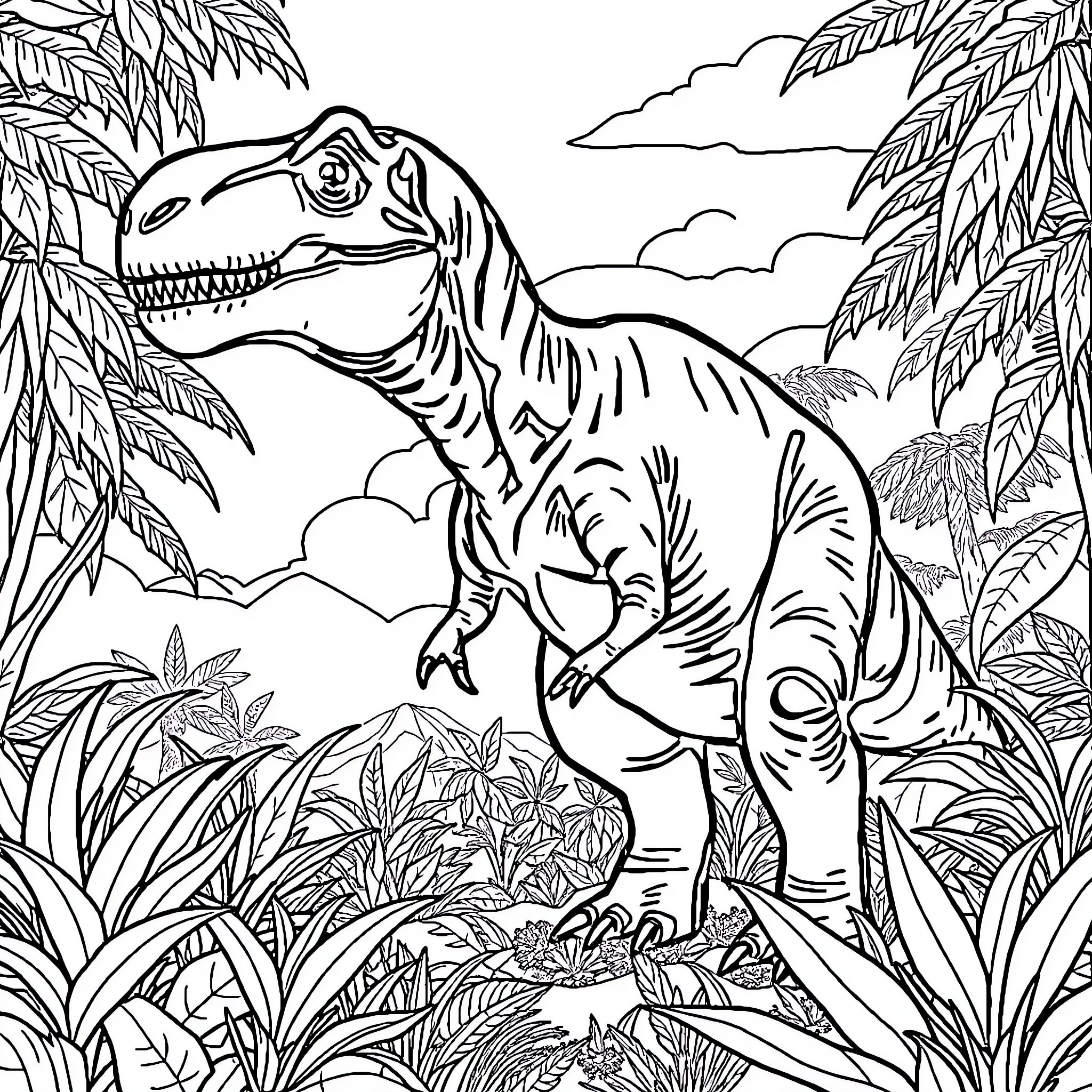 Dinosaur roaring in lush prehistoric landscape Coloring Page (free black-and-white line drawing printable PDF for all, from beginners to advanced learners, including children, teens, adults, and seniors)