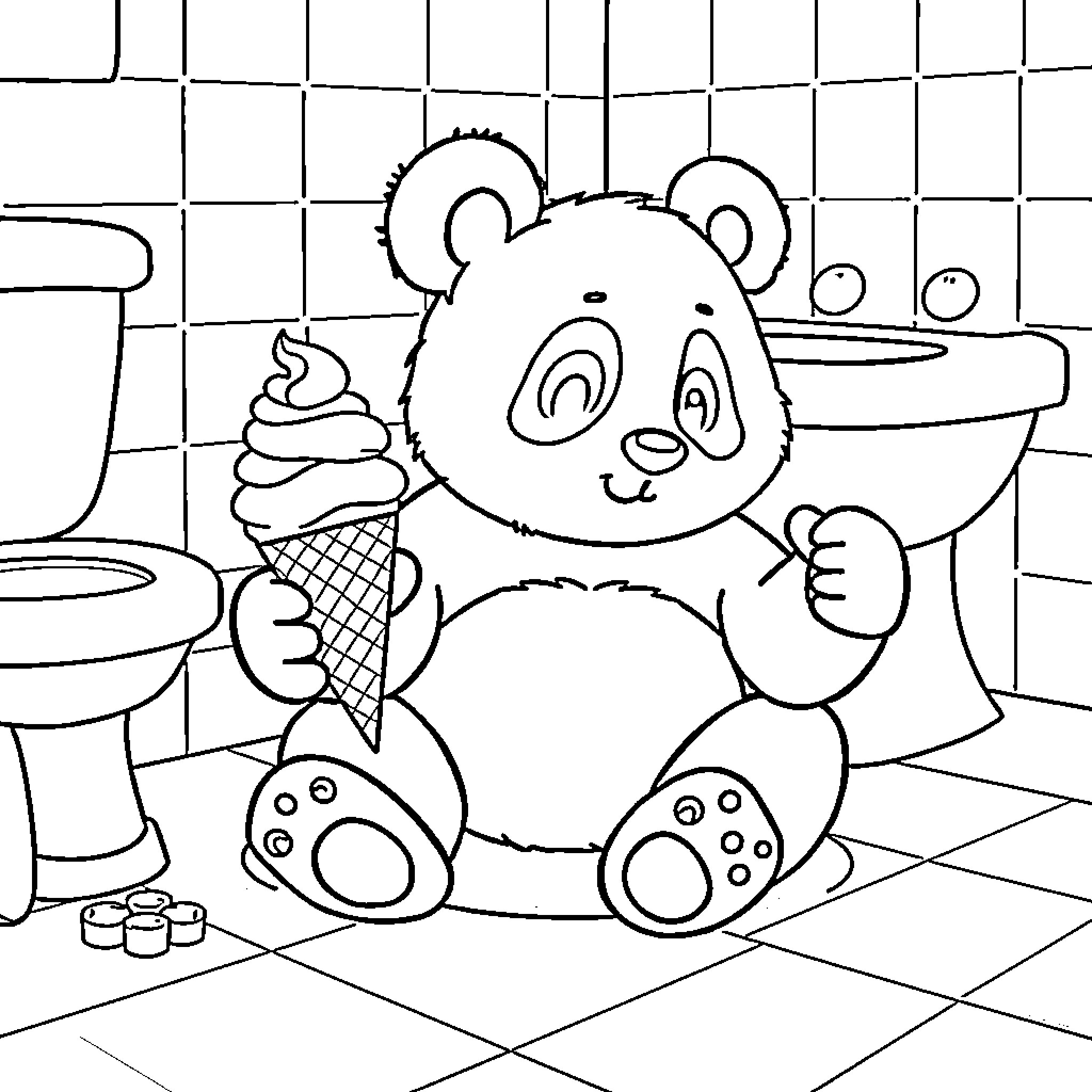 Panda enjoying an ice cream treat in the bathroom Coloring Page (free black-and-white line drawing printable PDF for all, from beginners to advanced learners, including children, teens, adults, and seniors)