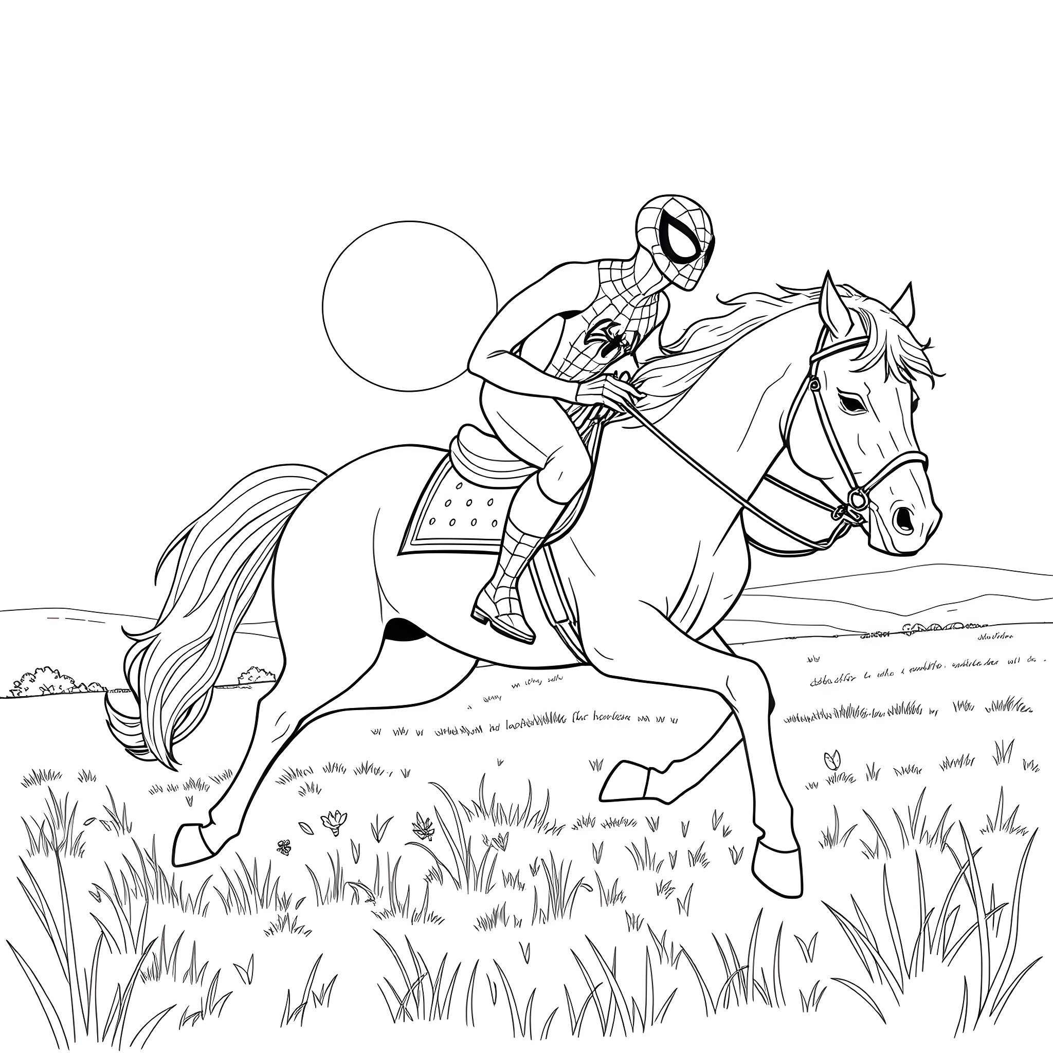 Spider-Man riding a horse through the countryside Coloring Page (free black-and-white line drawing printable PDF for all, from beginners to advanced learners, including children, teens, adults, and seniors)