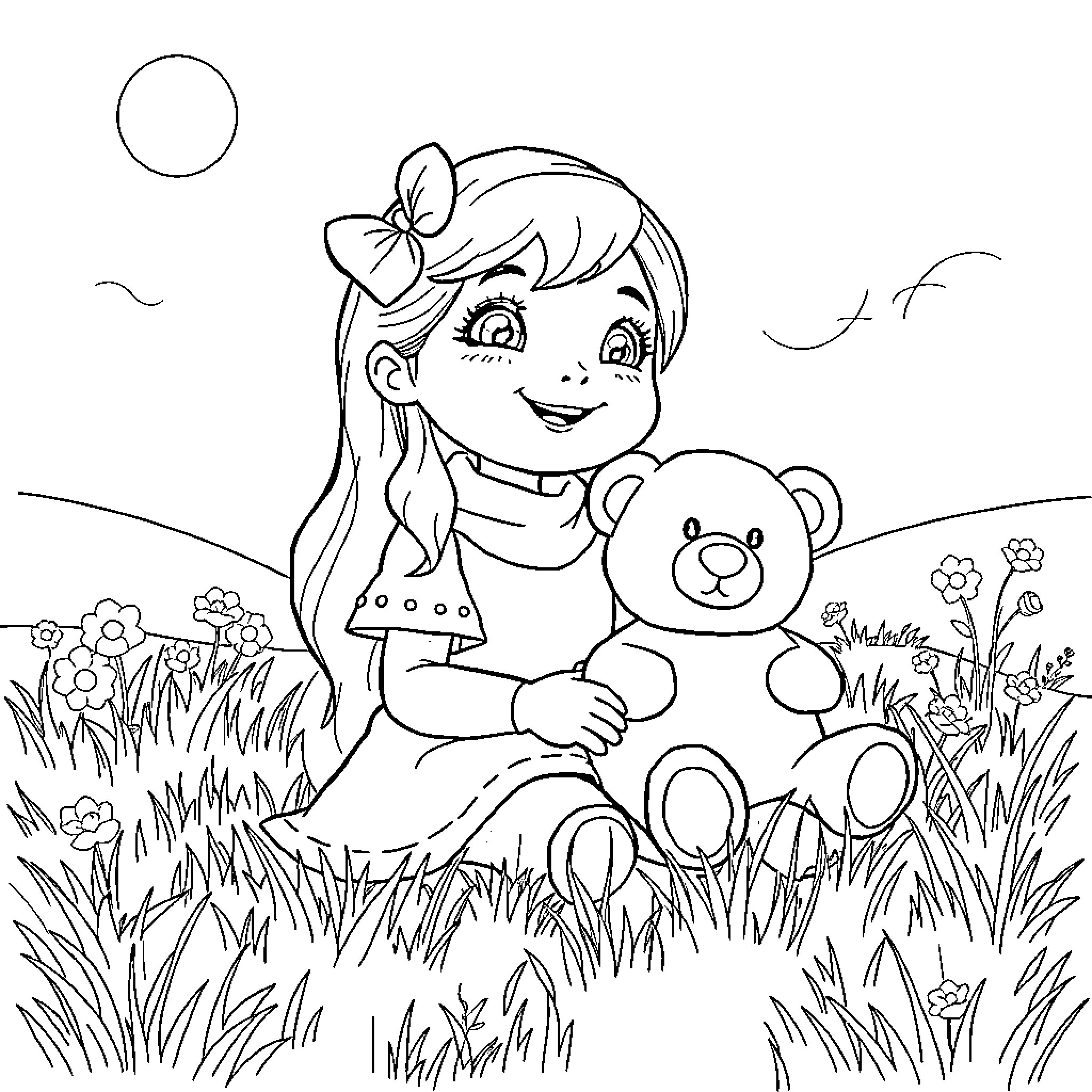 Iona's Playful Meadow Adventure with Teddy Bear Coloring Page (free black-and-white line drawing printable PDF for all, from beginners to advanced learners, including children, teens, adults, and seniors)