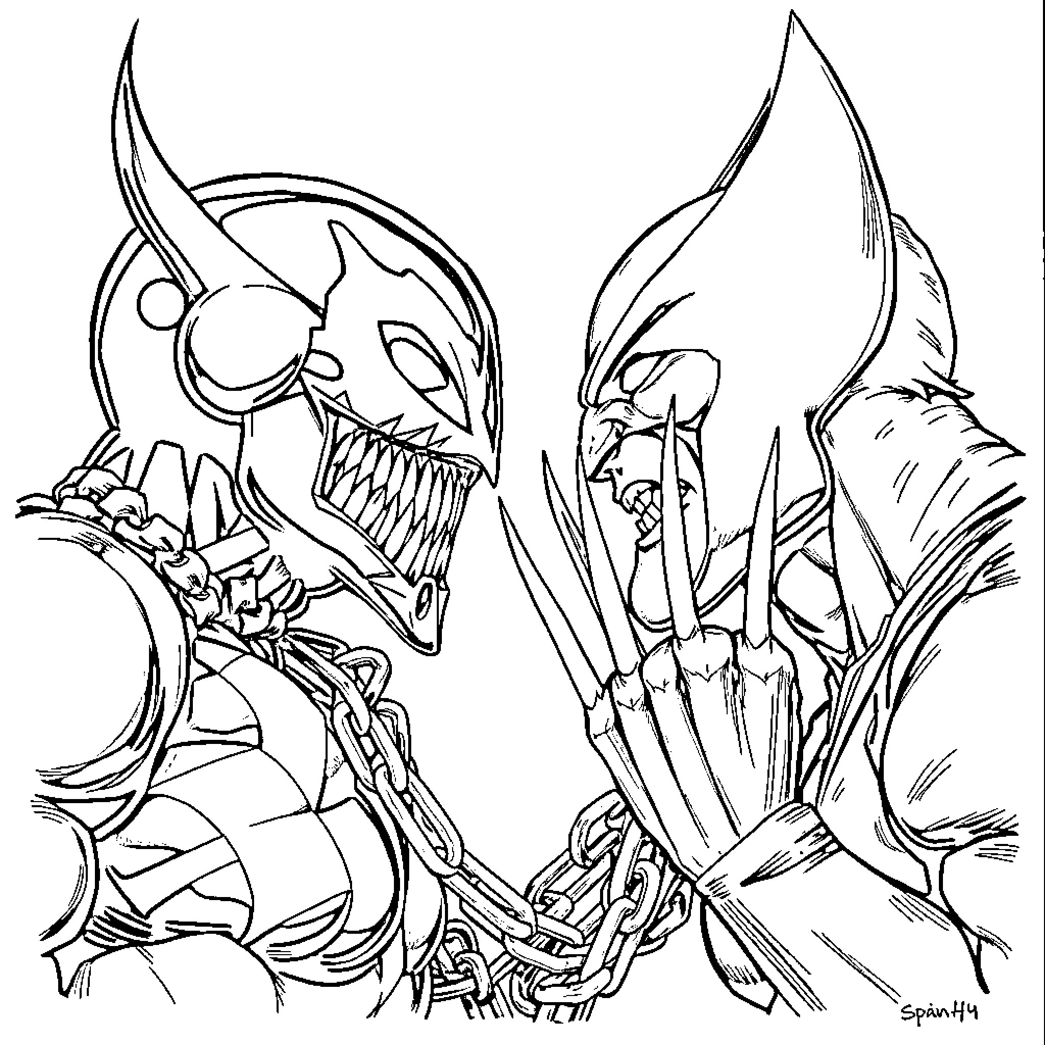 Spawn of demonic creatures in combat Coloring Page (free black-and-white line drawing printable PDF for all, from beginners to advanced learners, including children, teens, adults, and seniors)