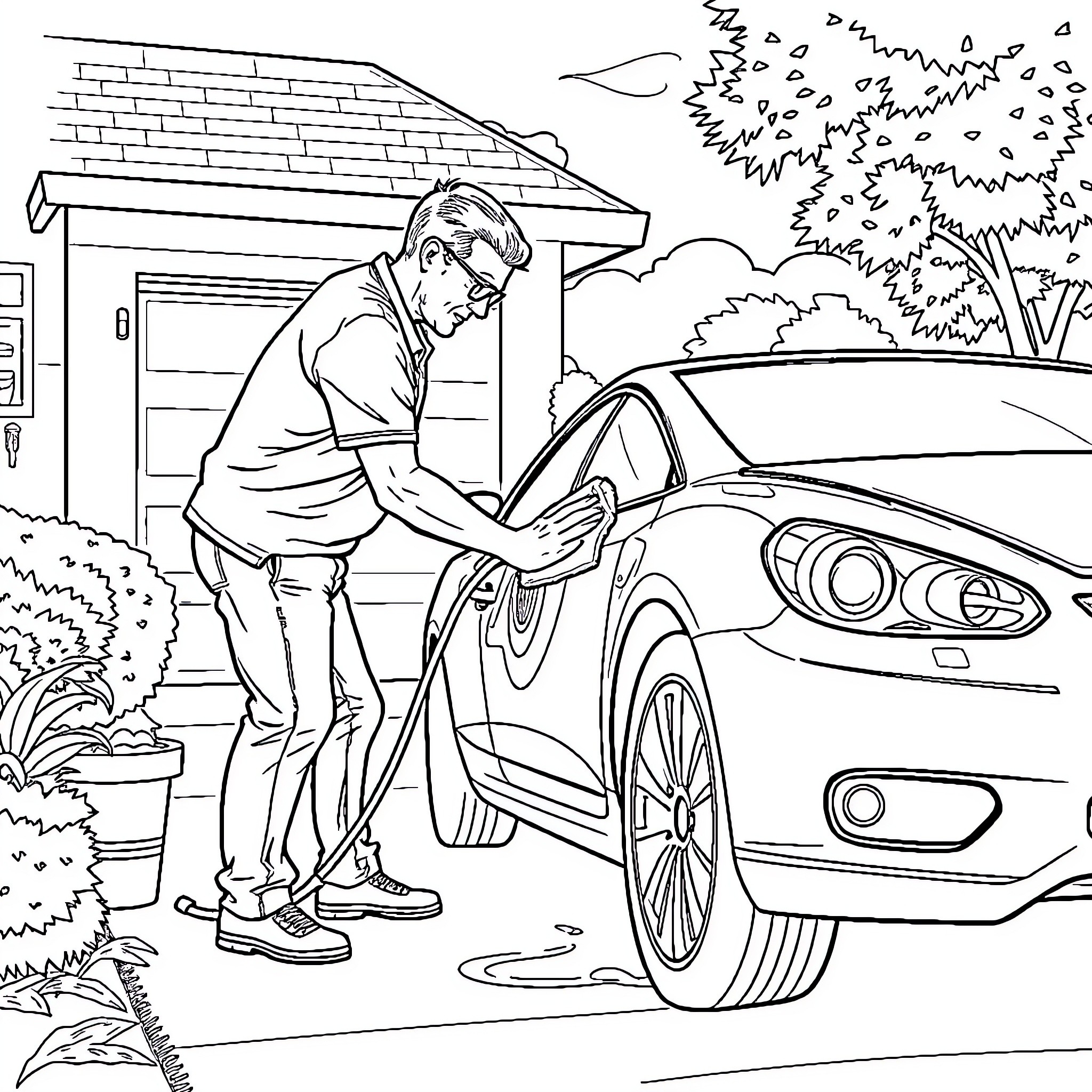 Car being washed on a cloudy day Coloring Page (free black-and-white line drawing printable PDF for all, from beginners to advanced learners, including children, teens, adults, and seniors)